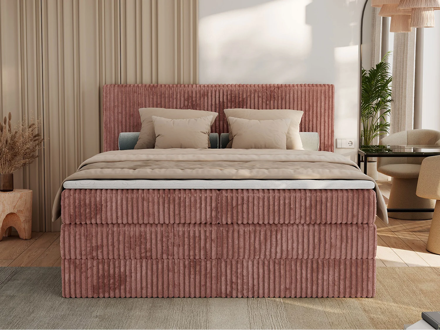 Boxspringbett TILIANO KING, Multipocket-Matratze, Cord Bett, Kopfteil und zwei Bettkästen - 200x200 cm - H4 - Rosa Cord