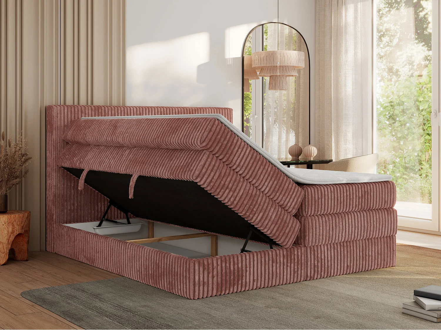 Boxspringbett TILIANO KING, Multipocket-Matratze, Cord Bett, Kopfteil und zwei Bettkästen - 200x200 cm - H4 - Rosa Cord