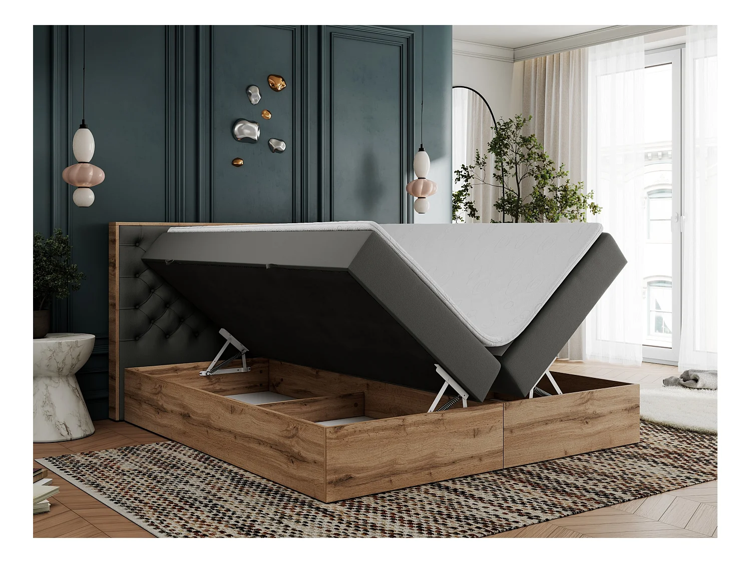 Boxspringbett ALBERO 3 - gesteppte Kopfstütze, Eiche Wotan Holzrahmen, Stauraum - 140x200 cm - H4 - Dunkelgrau Kunstleder