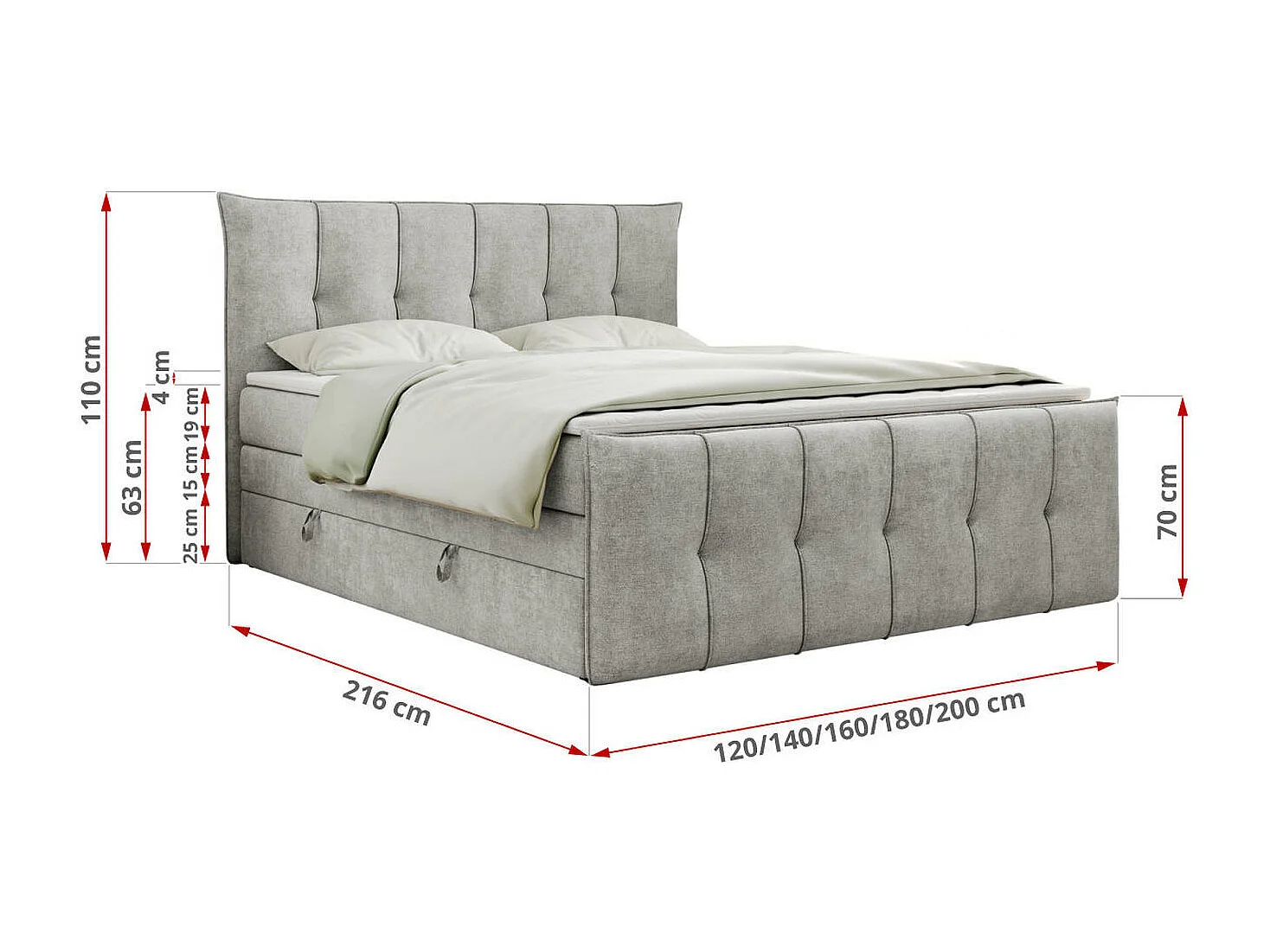 Boxspringbett PREMIUM 11 KING mit Stauraum, gestepptes Kopfteil, zwei Multipocket-Matratzen - 180x200 cm - H4 - Hellgrau Strukture