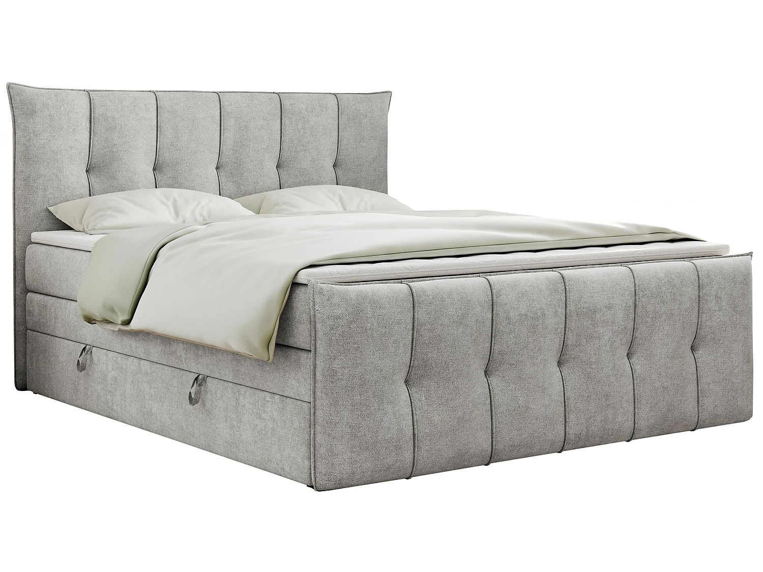 Lit boxspring avec 2 coffres - 2 matelas fermes + surmatelas mousse - Gris clair Tissu texturé - 180x200 - PREMIUM 11 KING