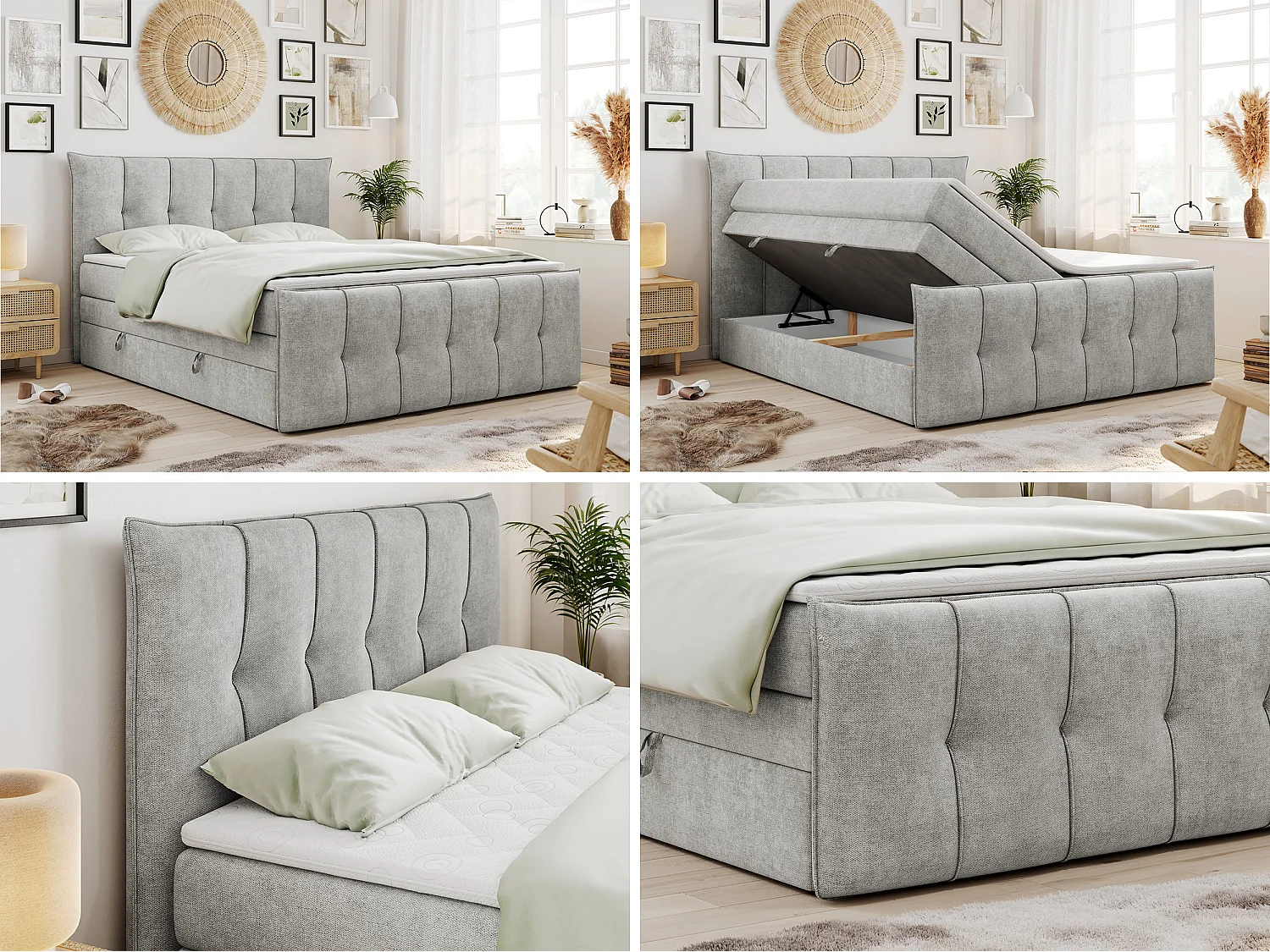 Lit boxspring avec 2 coffres - 2 matelas fermes + surmatelas mousse - Gris clair Tissu texturé - 180x200 - PREMIUM 11 KING