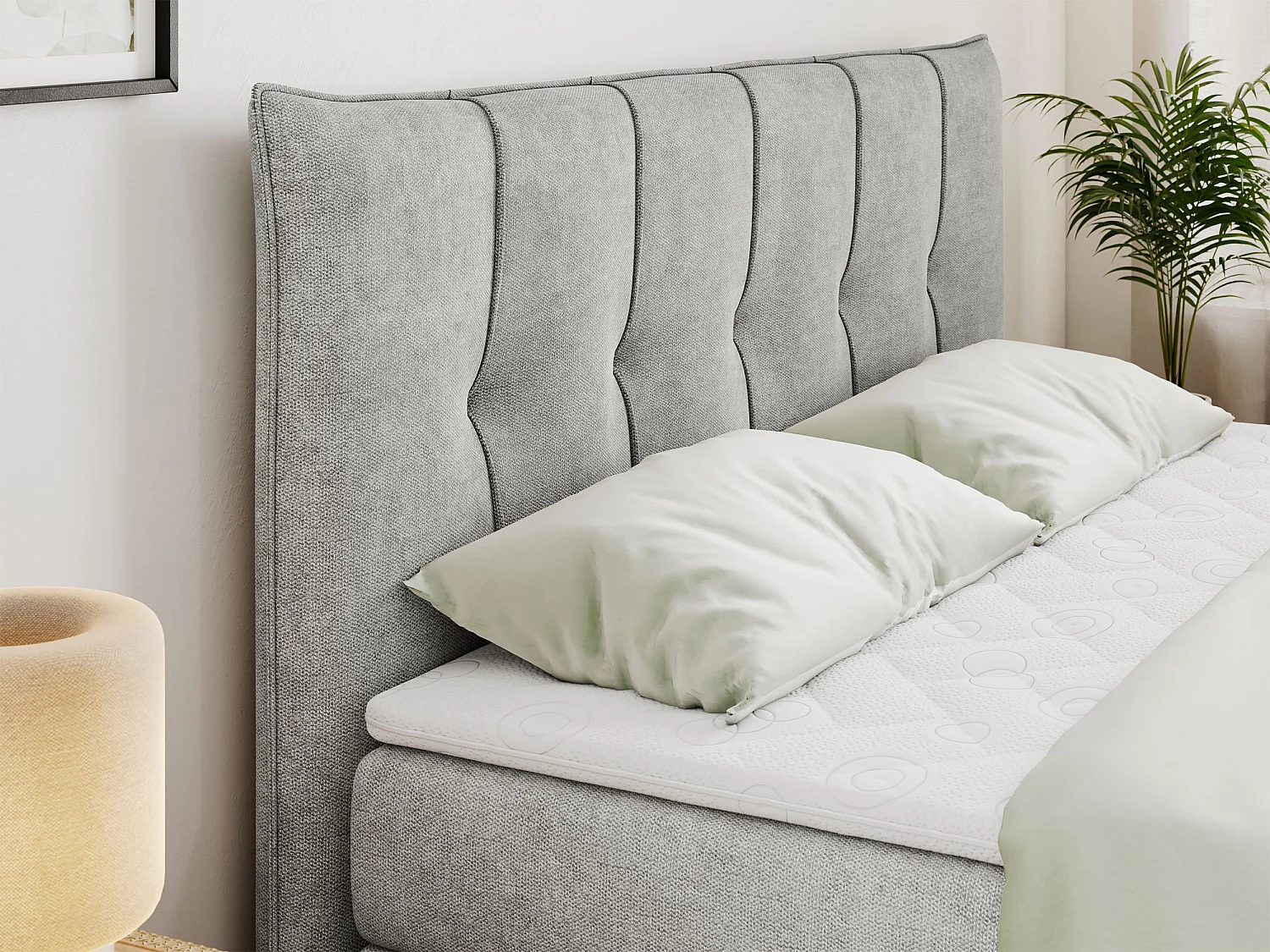 Lit boxspring avec 2 coffres - 2 matelas fermes + surmatelas mousse - Gris clair Tissu texturé - 180x200 - PREMIUM 11 KING