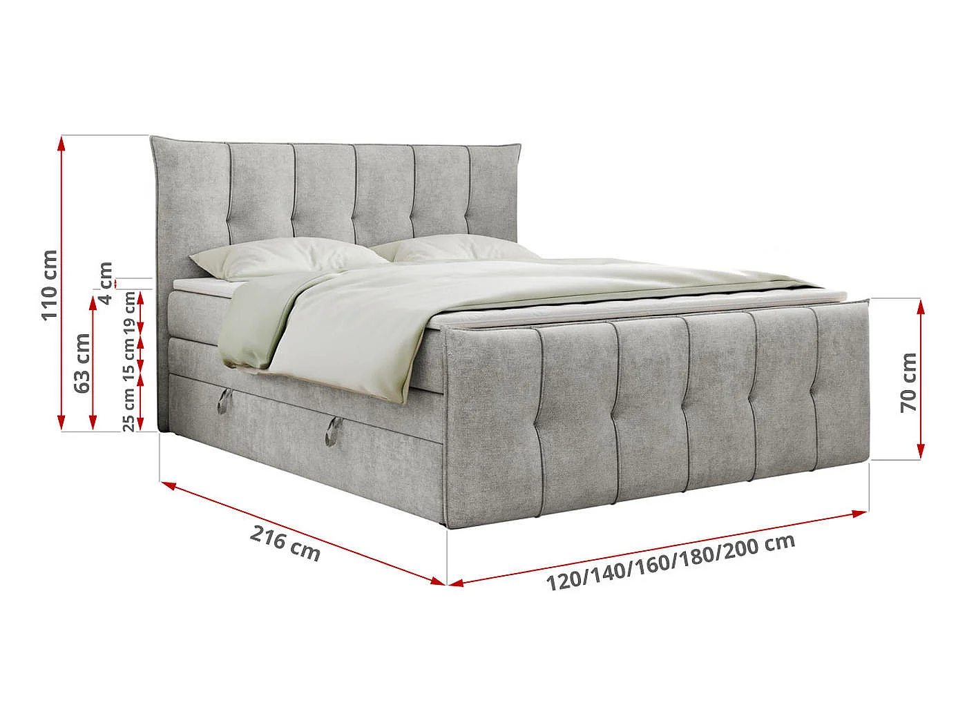 Lit boxspring avec 2 coffres - 2 matelas fermes + surmatelas mousse - Gris clair Tissu texturé - 180x200 - PREMIUM 11 KING