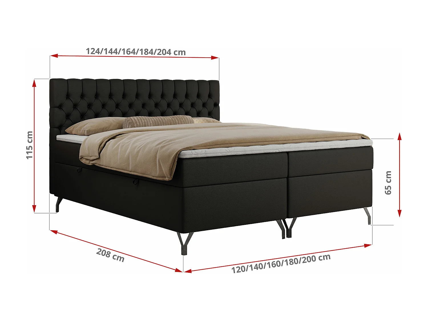 Boxspringbett GRIMALDI mit zwei Bettkästen, gesteppter Kopfstütze, Metallfüßen - 200x200 cm - H4 - Schwarz Kunstleder