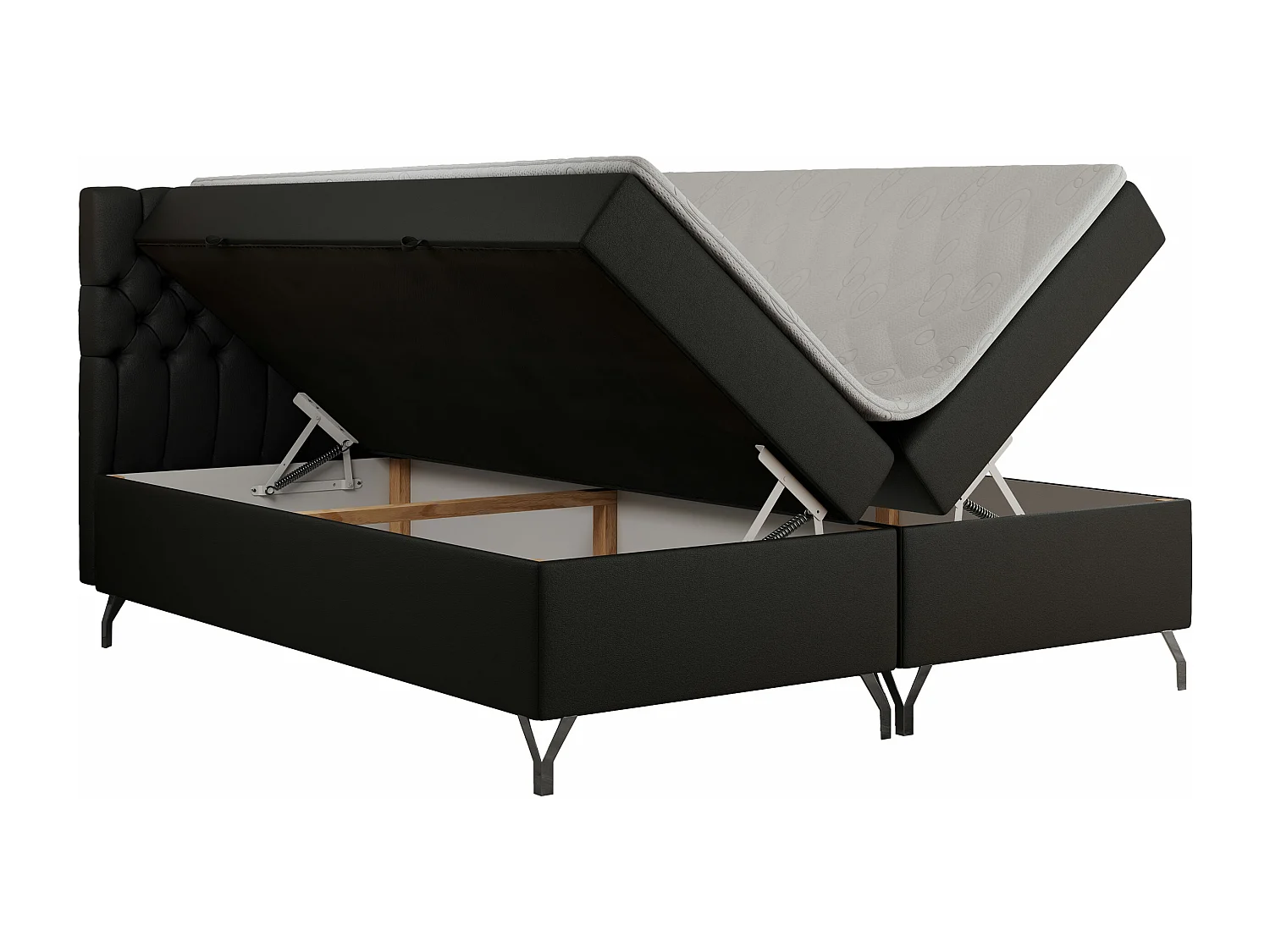 Boxspringbett GRIMALDI mit zwei Bettkästen, gesteppter Kopfstütze, Metallfüßen - 200x200 cm - H4 - Schwarz Kunstleder