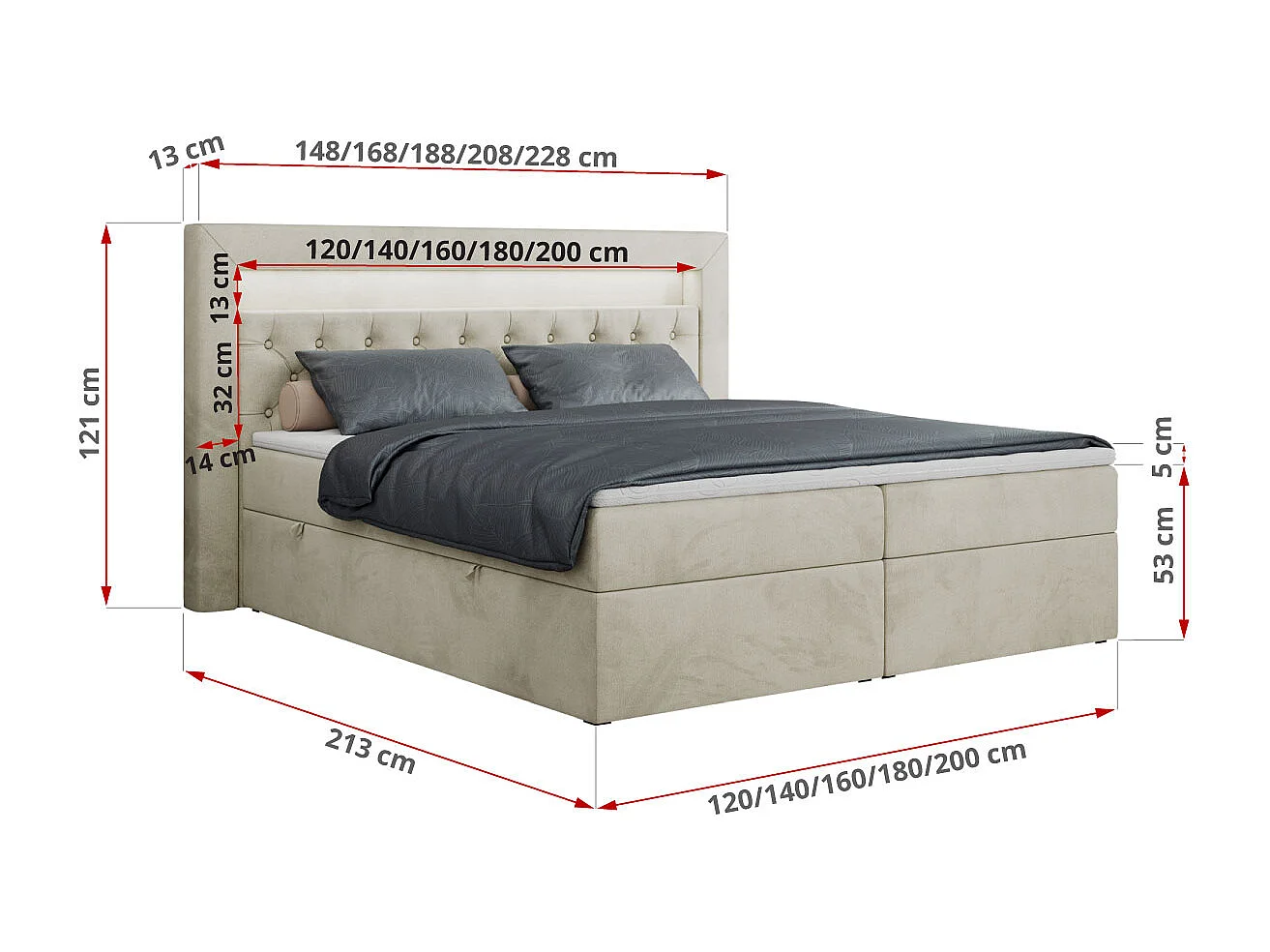 Boxspringbett GOLD 6, Doppelbett mit Stauraum, LED-Beleuchtung, gesteppte Kopfstütze - 140x200 cm - H3 - Beige Velvet