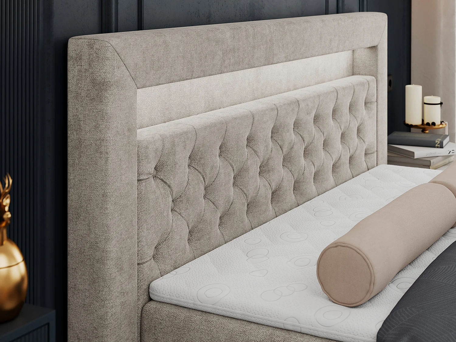 Boxspringbett GOLD 6, Doppelbett mit Stauraum, LED-Beleuchtung, gesteppte Kopfstütze - 200x200 cm - H3 - Beige Strukture