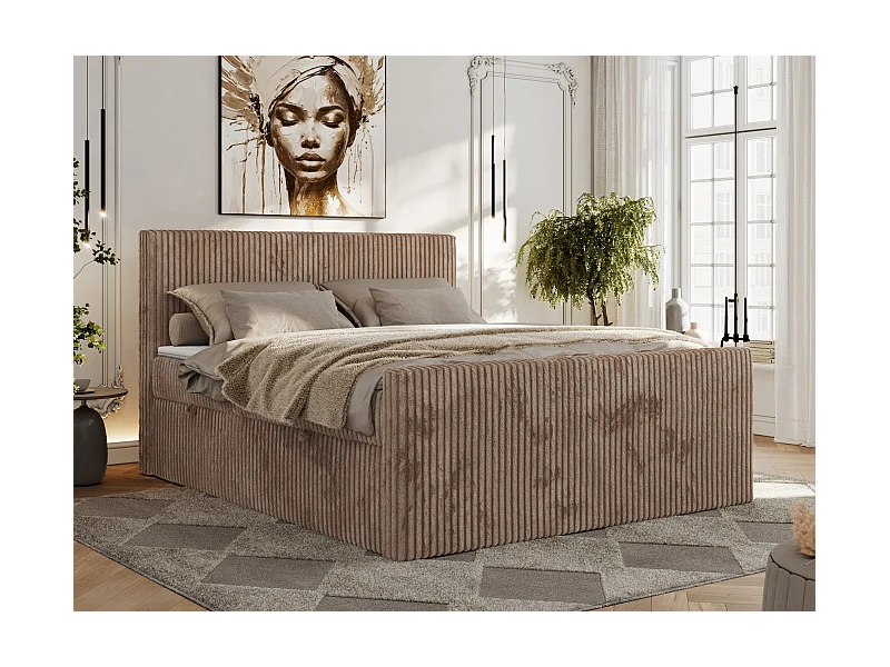 Boxspringbett TILIANO DUO mit gepolstertem Fußteil, Cord Bett, Multipocket-Matratze - 140x200 cm - H4 - Braun Cord