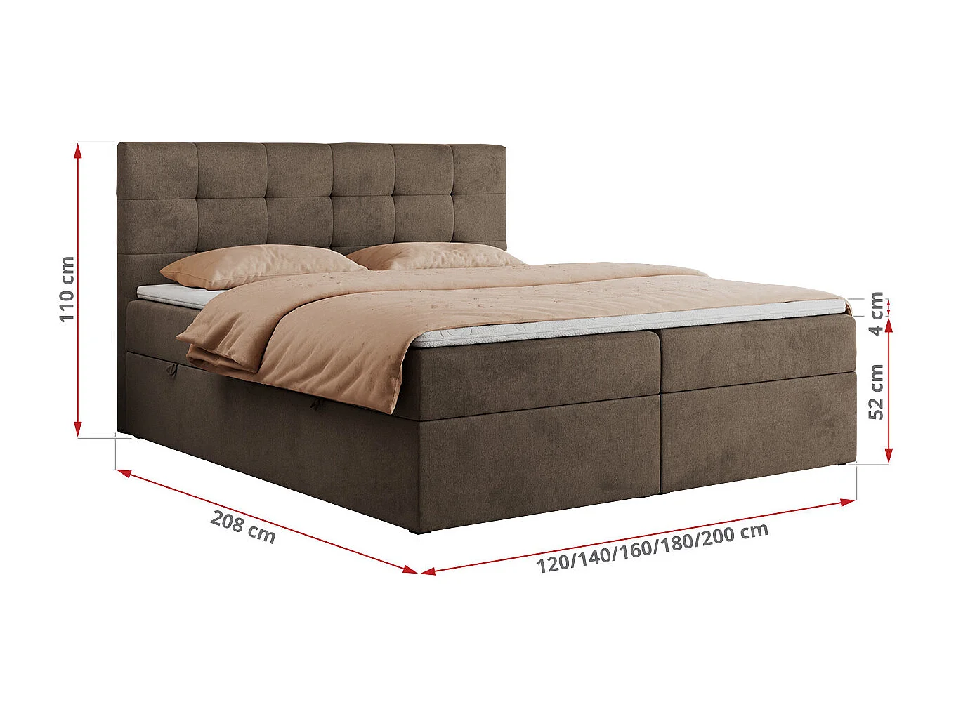 Boxspringbett CENTOS mit gestepptem Kopfteil, Multipocket-Matratze, Doppelbett mit Stauraum - 140x200 cm - H3 - Braun Velvet