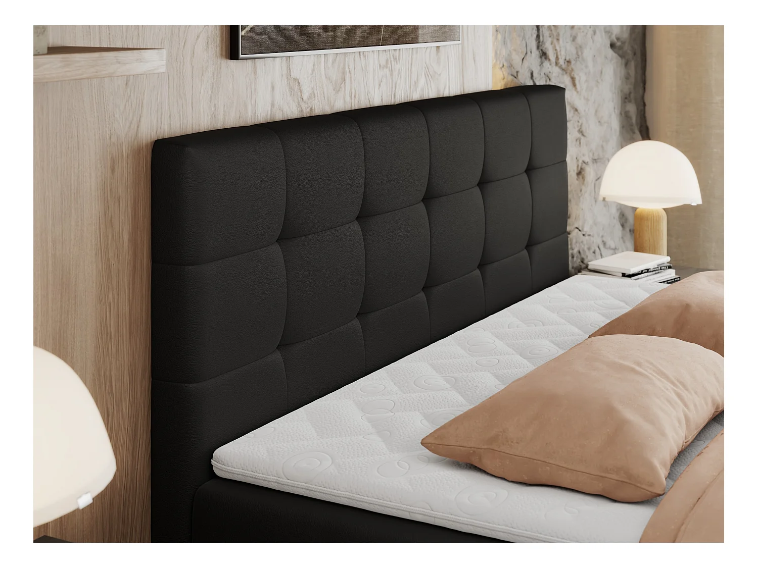 Boxspringbett CENTOS mit gestepptem Kopfteil, Multipocket-Matratze, Doppelbett mit Stauraum - 200x200 cm - H4 - Schwarz Kunstleder