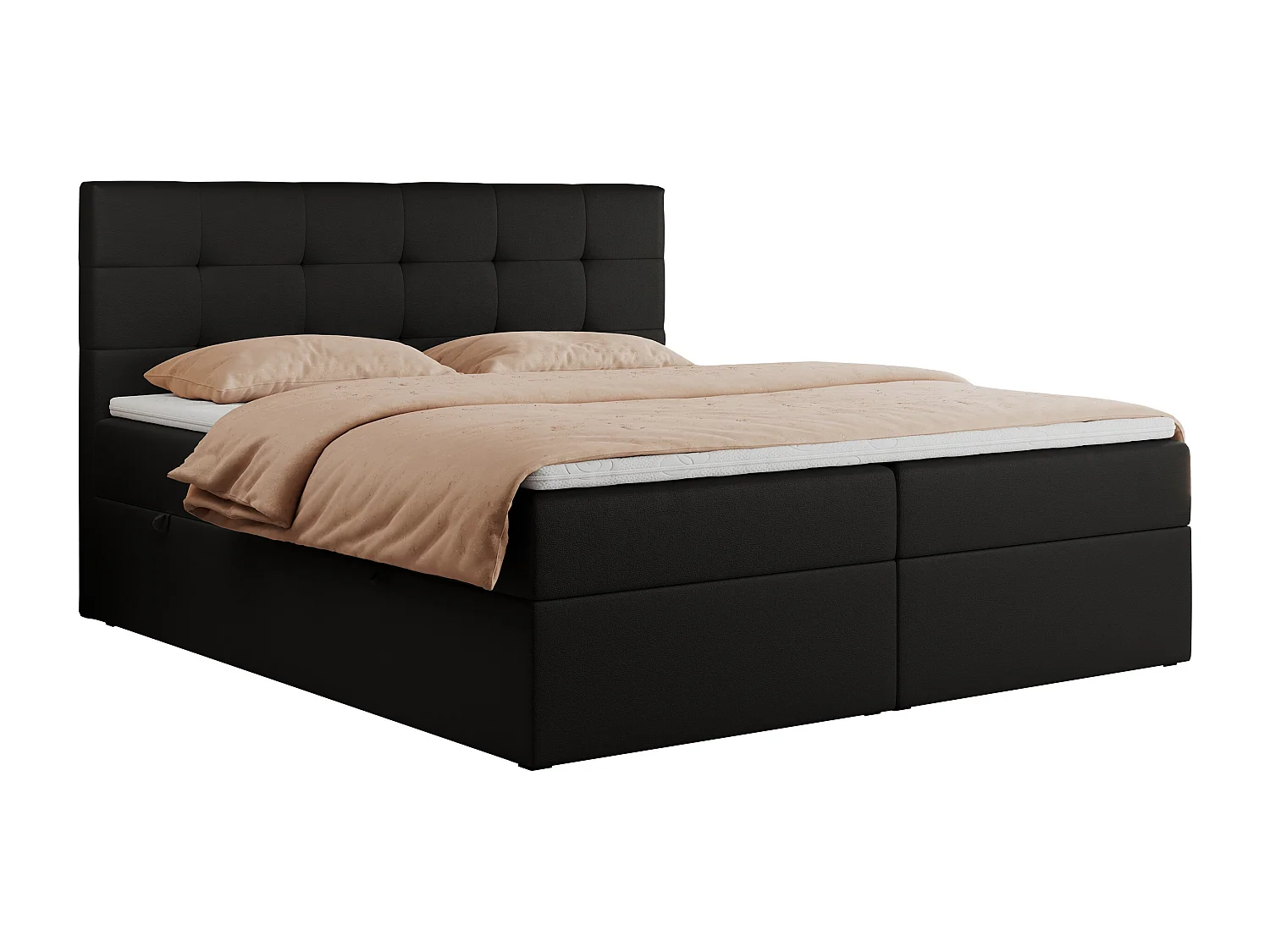 Boxspringbett CENTOS mit gestepptem Kopfteil, Multipocket-Matratze, Doppelbett mit Stauraum - 200x200 cm - H4 - Schwarz Kunstleder