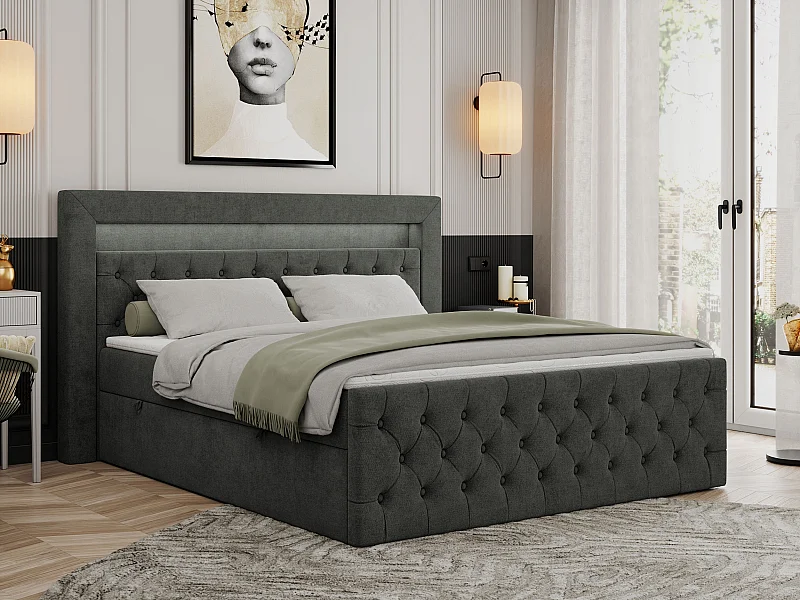 Boxspringbett GOLD 9 mit Stauraum, Multipocket-Matratze, gestepptes Bett, LED Beleuchtung - 200x200 cm - H3 - Dunkelgrau Strukture