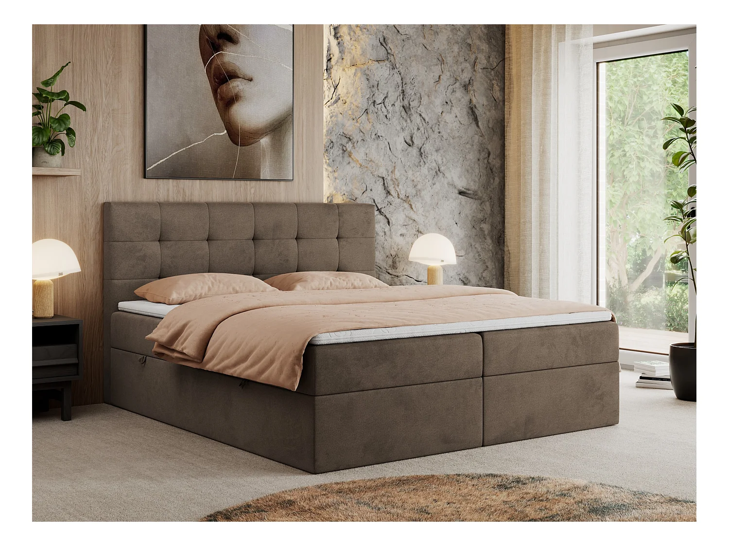 Boxspringbett CENTOS mit gestepptem Kopfteil, Multipocket-Matratze, Doppelbett mit Stauraum - 180x200 cm - H3 - Braun Velvet