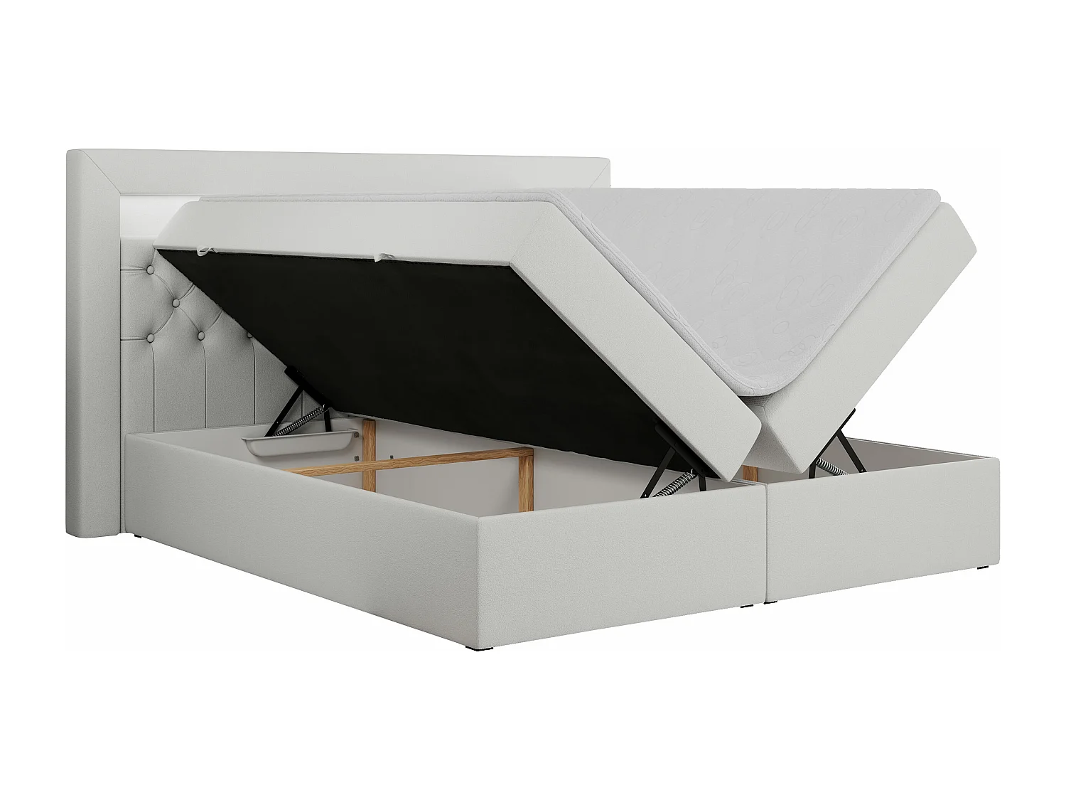Boxspringbett GOLD 6, Doppelbett mit Stauraum, LED-Beleuchtung, gesteppte Kopfstütze - 200x200 cm - H3 - Weiß Kunstleder