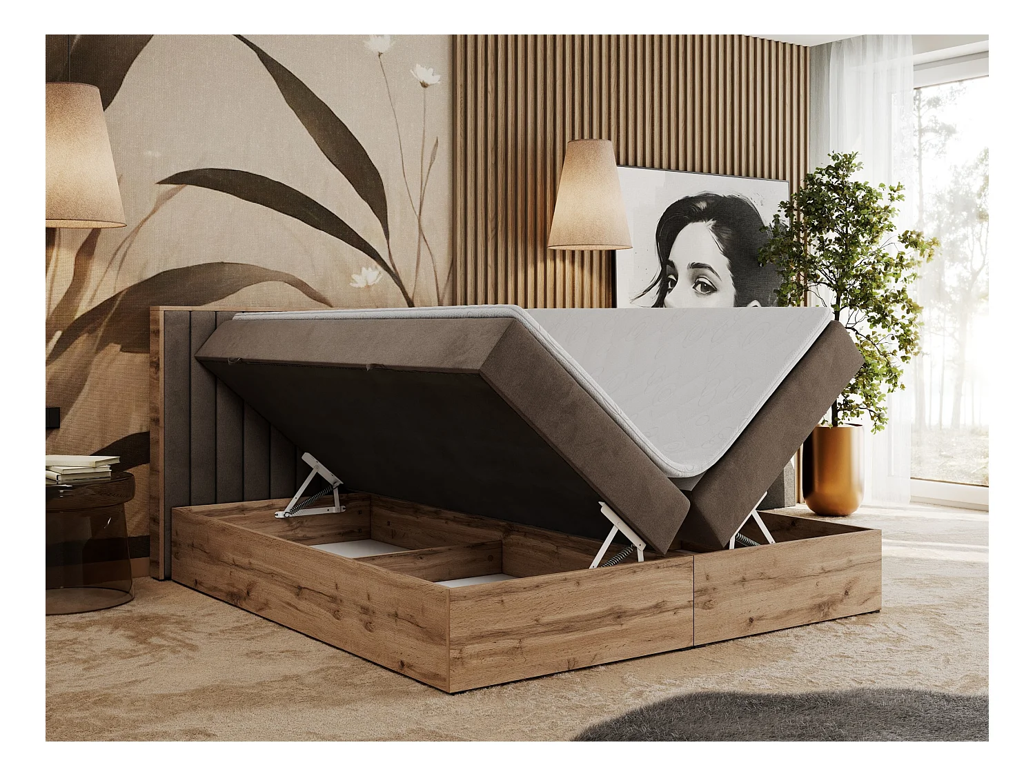 Boxspringbett ALBERO 4, Eiche Wotan Holzrahmen, mit Stauraum, genähtes Kopfteil - 160x200 cm - H4 - Braun Velvet