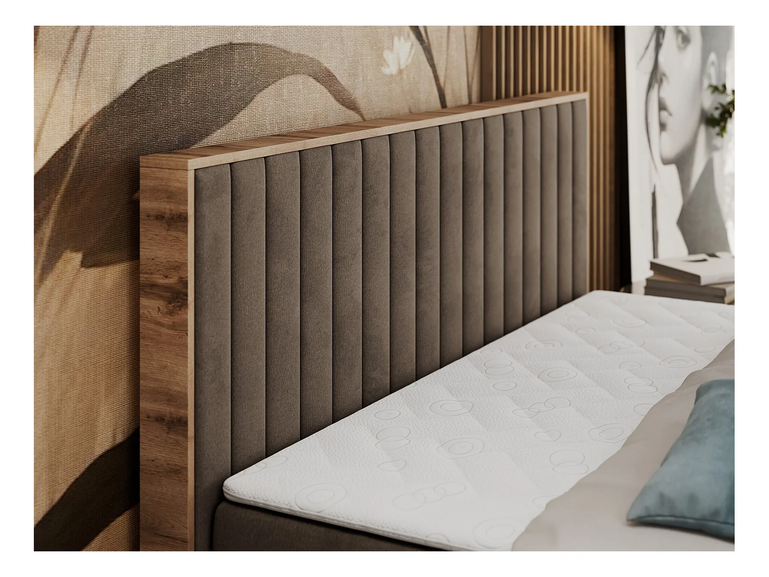 Boxspringbett ALBERO 4, Eiche Wotan Holzrahmen, mit Stauraum, genähtes Kopfteil - 160x200 cm - H4 - Braun Velvet