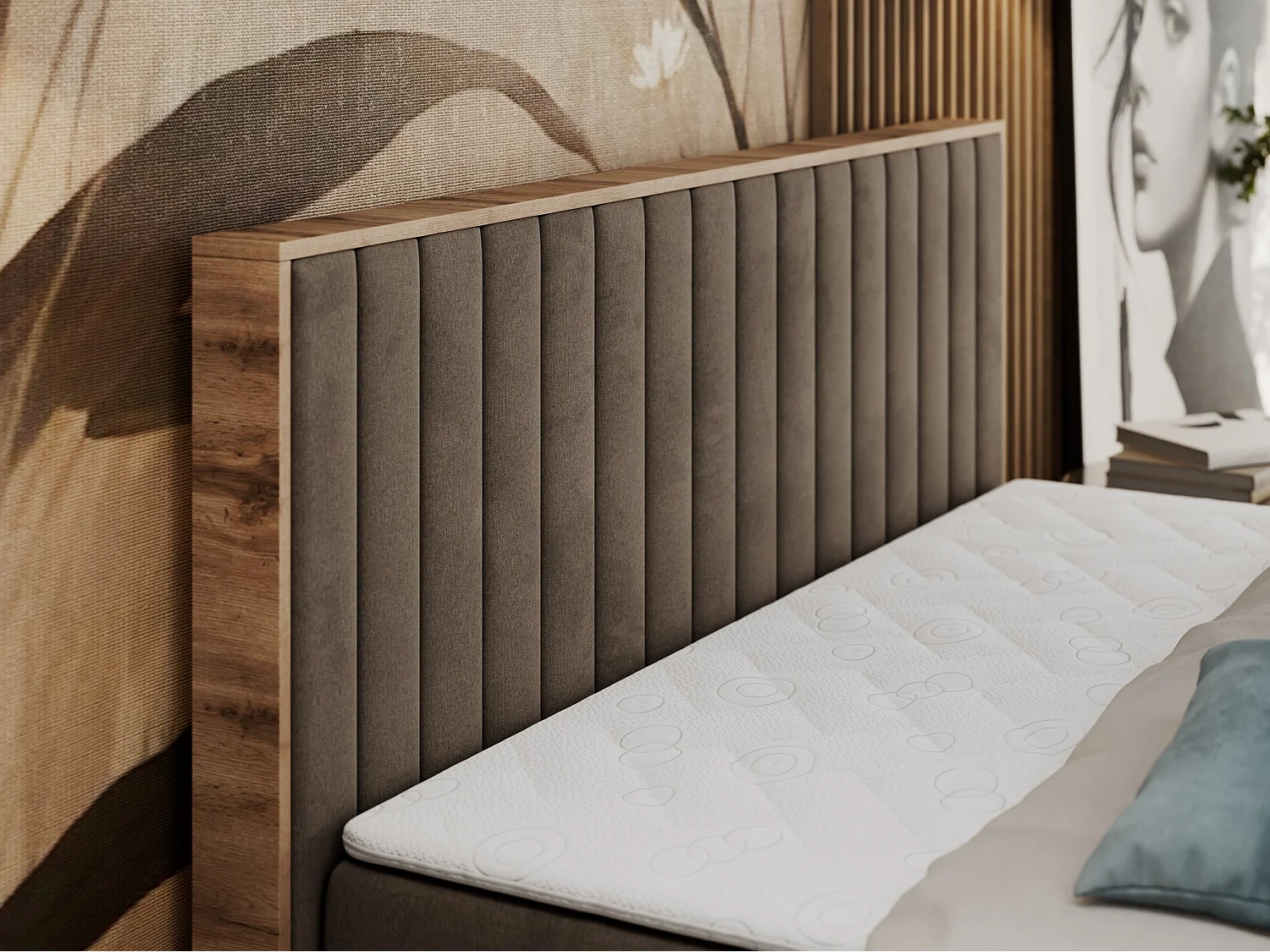 Boxspringbett ALBERO 4, Eiche Wotan Holzrahmen, mit Stauraum, genähtes Kopfteil - 160x200 cm - H4 - Braun Velvet