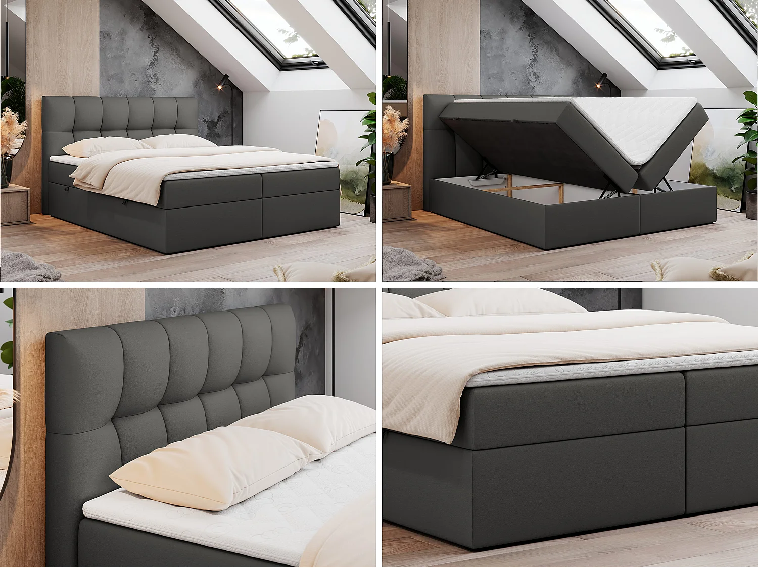 Boxspringbed met hoofdbord H3 + Topper T25 - Donkergrijs Kunstleer - 160x200 - RICO