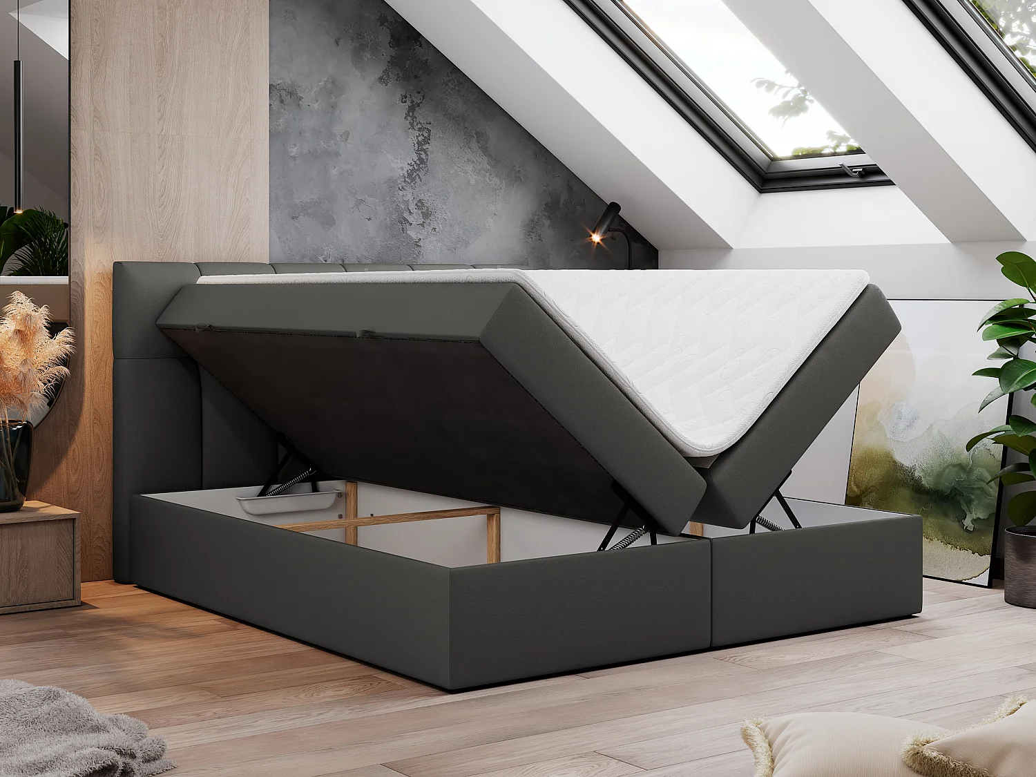 Boxspringbed met hoofdbord H3 + Topper T25 - Donkergrijs Kunstleer - 160x200 - RICO