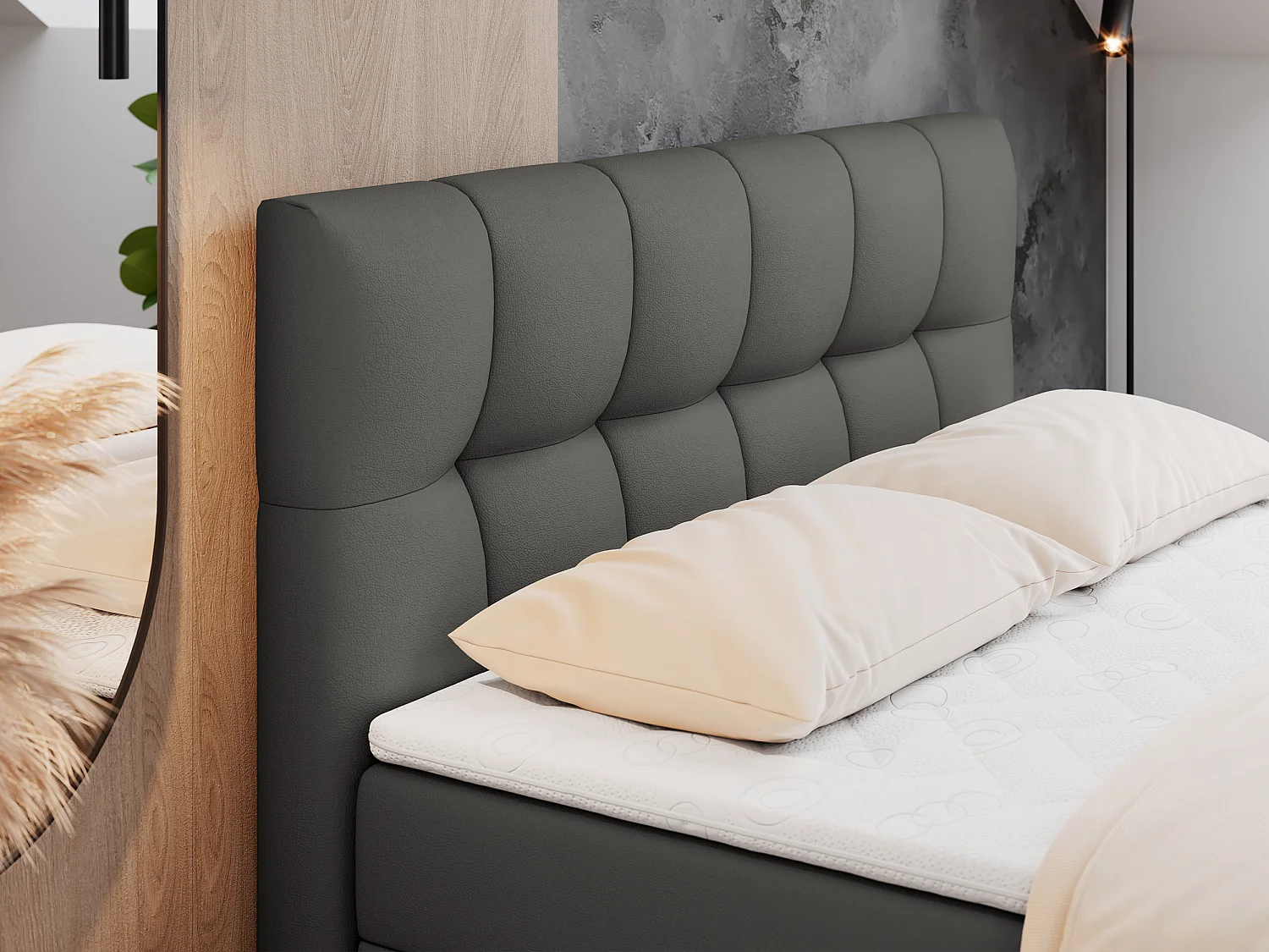 Boxspringbed met hoofdbord H3 + Topper T25 - Donkergrijs Kunstleer - 160x200 - RICO