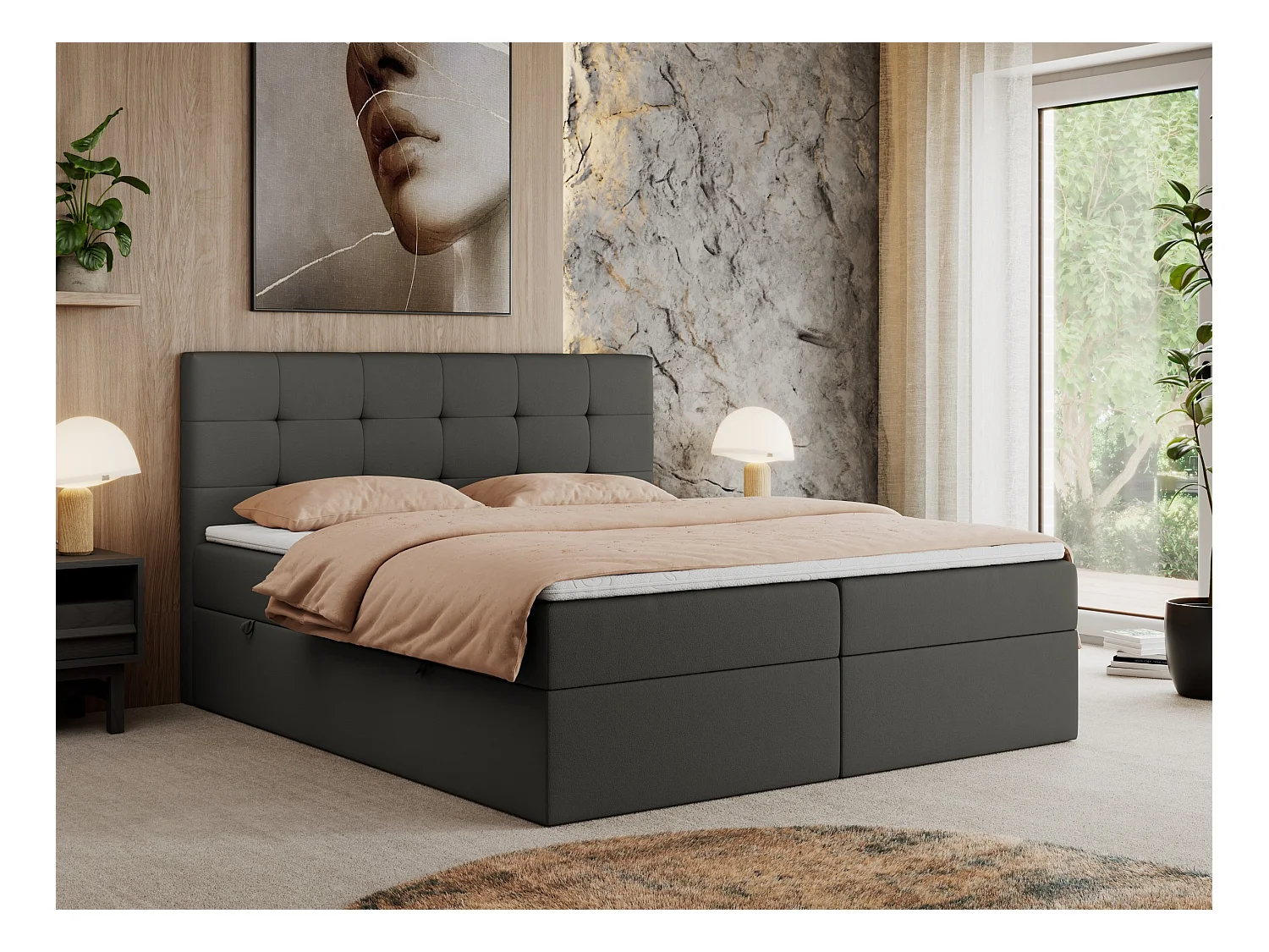 Boxspringbett CENTOS mit gestepptem Kopfteil, Multipocket-Matratze, Doppelbett mit Stauraum - 140x200 cm - H4 - Dunkelgrau Kunstleder