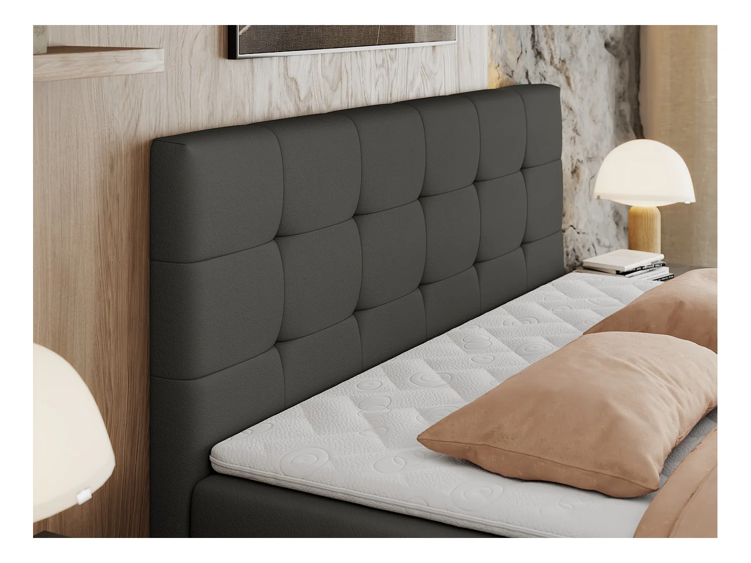 Boxspringbett CENTOS mit gestepptem Kopfteil, Multipocket-Matratze, Doppelbett mit Stauraum - 140x200 cm - H4 - Dunkelgrau Kunstleder