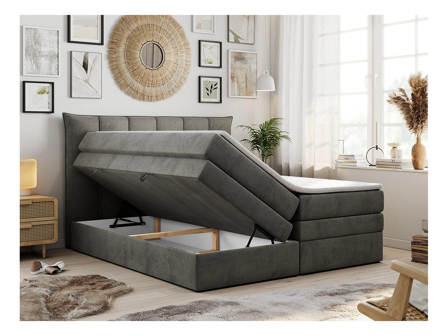 Boxspringbett PREMIUM 10 KING, Doppelbett mit Stauraum, gesteppte Kopfstütze, Multipocket-Matratze - 120x200 cm - H4 - Dunkelgrau Velvet