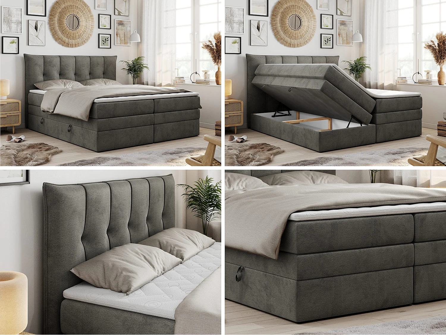 Lit boxspring avec 2 coffres - 2 matelas fermes + surmatelas mousse - Gris foncé Velours - 120x200 - PREMIUM 10 KING