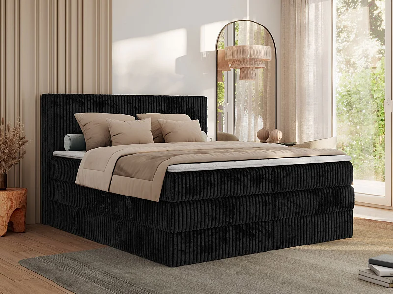 Boxspringbett TILIANO KING, Multipocket-Matratze, Cord Bett, Kopfteil und zwei Bettkästen - 140x200 cm - H3 - Schwarz Cord