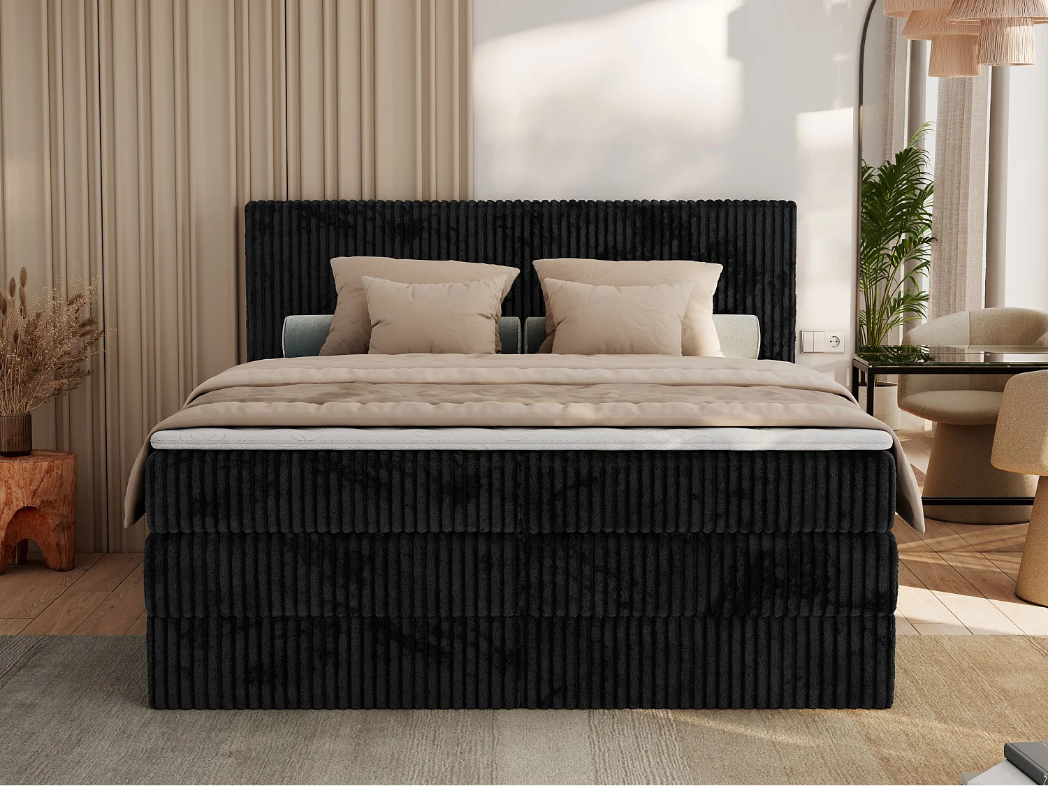 Boxspringbett TILIANO KING, Multipocket-Matratze, Cord Bett, Kopfteil und zwei Bettkästen - 140x200 cm - H3 - Schwarz Cord