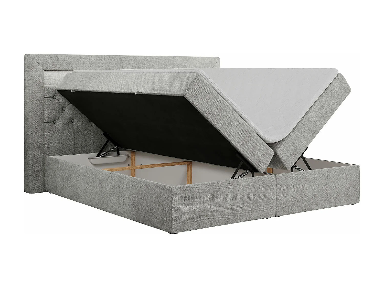 Boxspringbett GOLD 6, Doppelbett mit Stauraum, LED-Beleuchtung, gesteppte Kopfstütze - 140x200 cm - H3 - Hellgrau Strukture