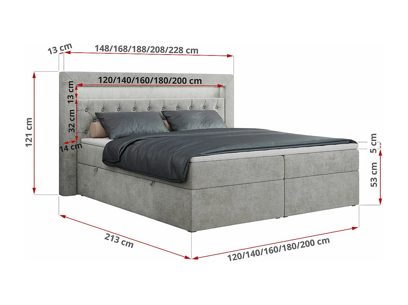 Boxspringbett GOLD 6, Doppelbett mit Stauraum, LED-Beleuchtung, gesteppte Kopfstütze - 140x200 cm - H3 - Hellgrau Strukture