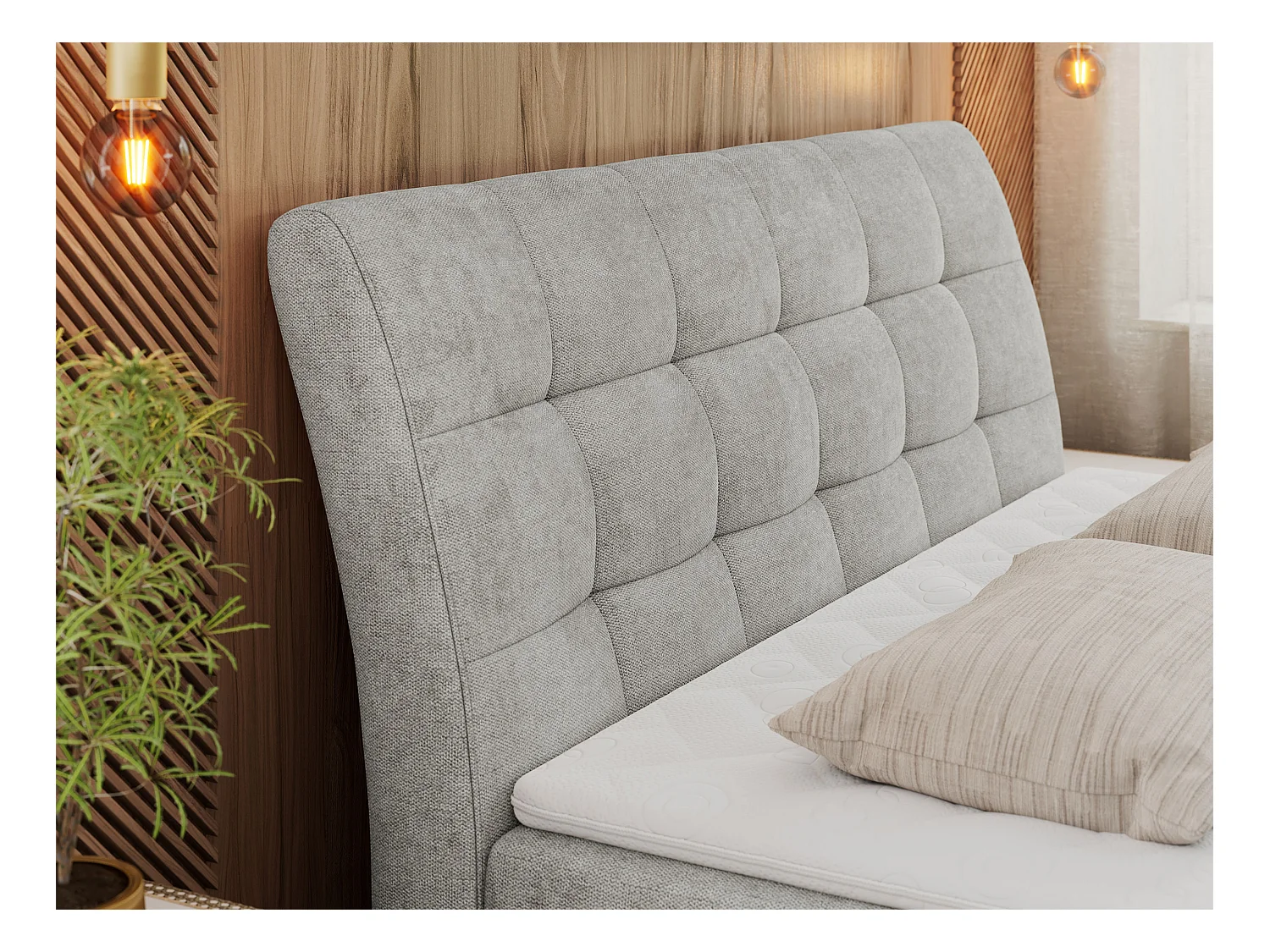 Boxspringbett DIEGOS mit Stauraum, gestepptem Kopfteil, Multipocket-Matratze - 200x200 cm - H3 - Hellgrau Strukture