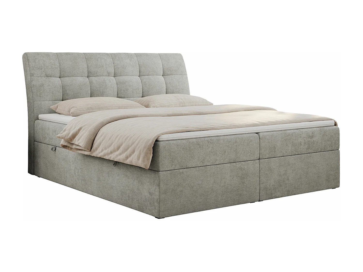 Boxspringbett DIEGOS mit Stauraum, gestepptem Kopfteil, Multipocket-Matratze - 200x200 cm - H3 - Hellgrau Strukture