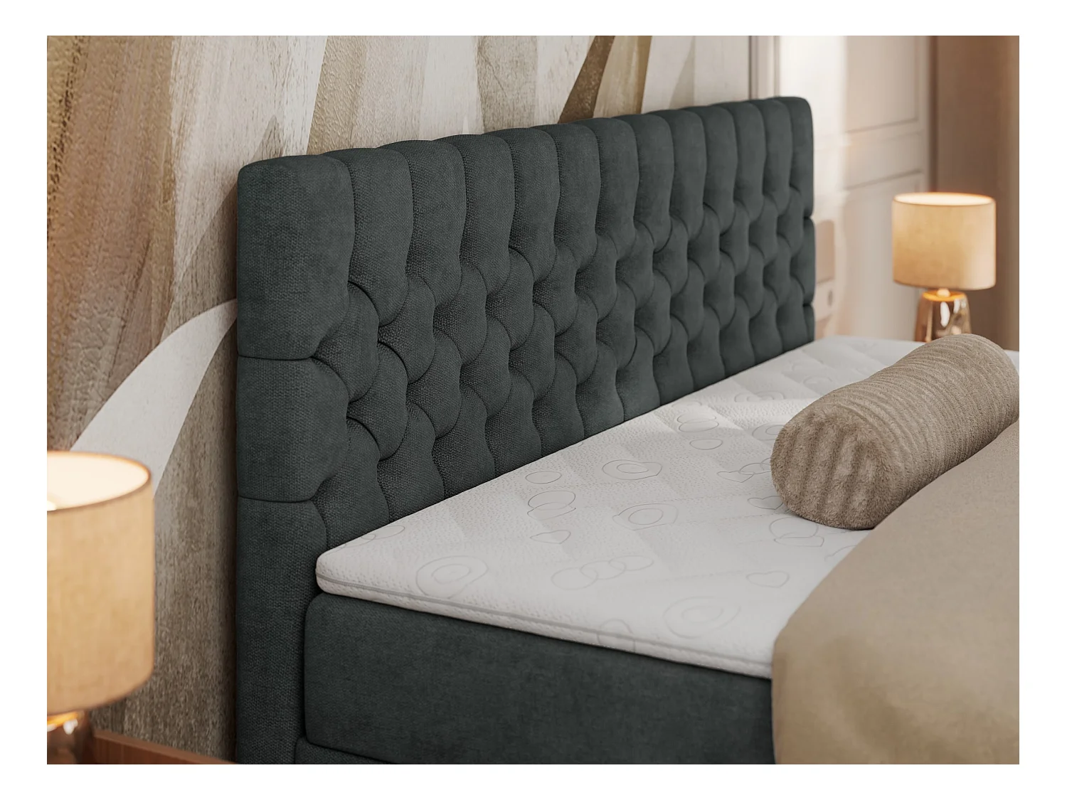 Boxspringbett GRIMALDI mit zwei Bettkästen, gesteppter Kopfstütze, Metallfüßen - 140x200 cm - H3 - Dunkelgrau Strukture