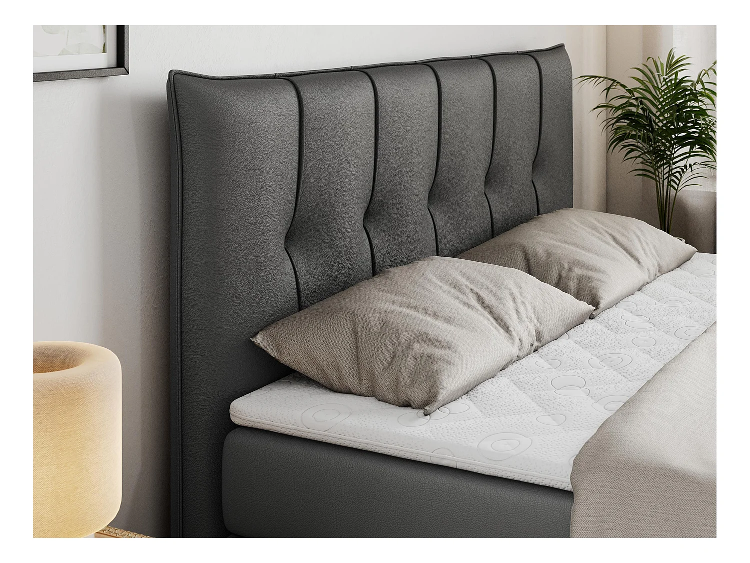 Boxspringbett PREMIUM 10 KING, Doppelbett mit Stauraum, gesteppte Kopfstütze, Multipocket-Matratze - 120x200 cm - H4 - Dunkelgrau Kunstleder