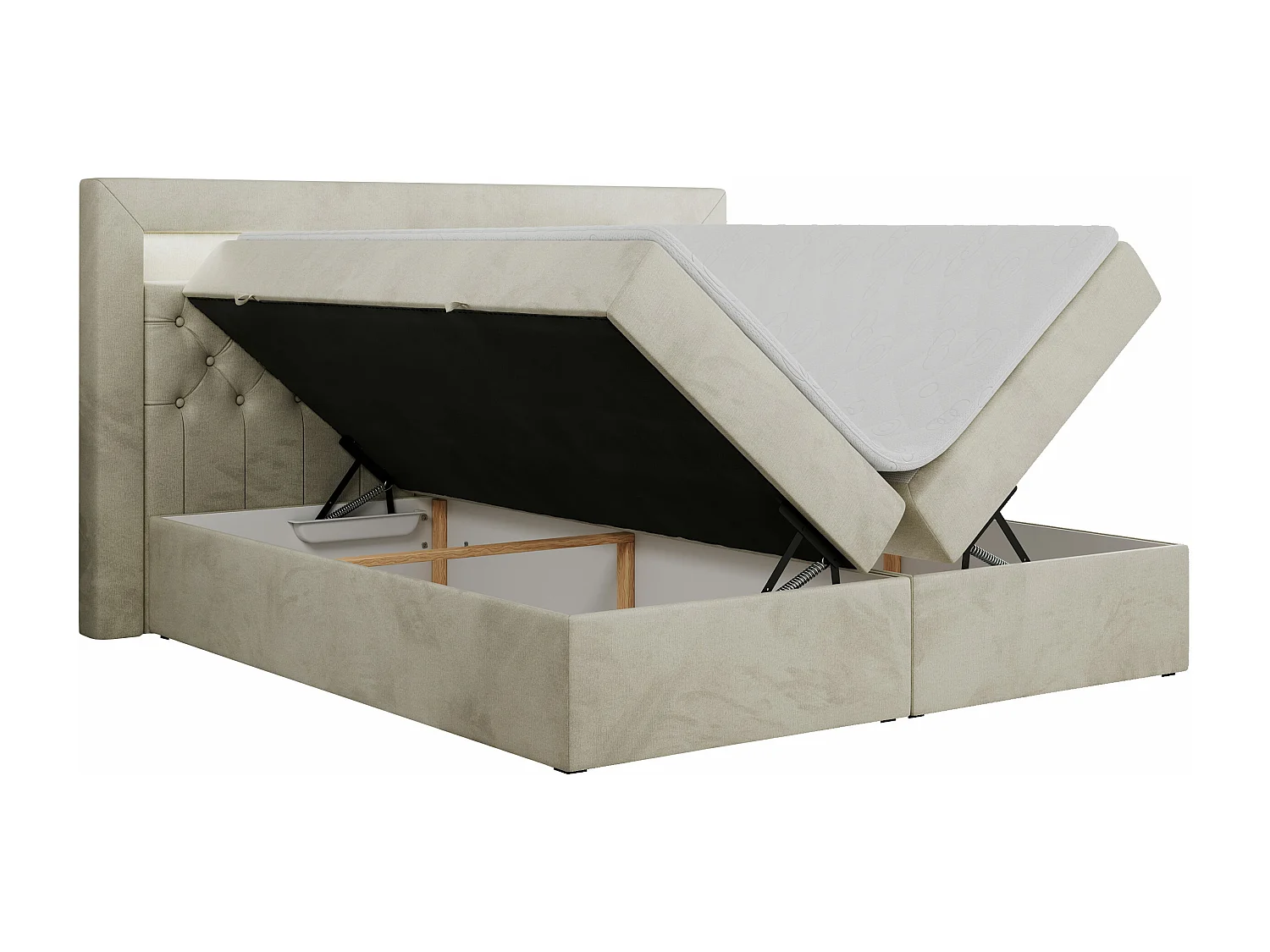 Boxspringbett GOLD 6, Doppelbett mit Stauraum, LED-Beleuchtung, gesteppte Kopfstütze - 140x200 cm - H4 - Beige Velvet