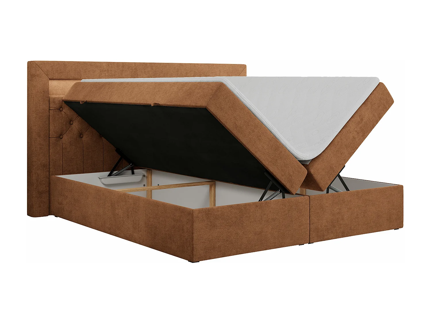 Boxspringbett GOLD 6, Doppelbett mit Stauraum, LED-Beleuchtung, gesteppte Kopfstütze - 140x200 cm - H3 - Orange Strukture