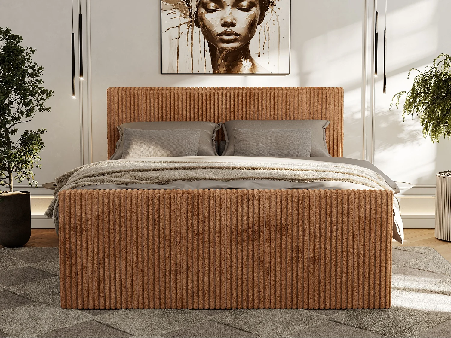 Boxspringbett TILIANO DUO mit gepolstertem Fußteil, Cord Bett, Multipocket-Matratze - 180x200 cm - H4 - Orange Cord