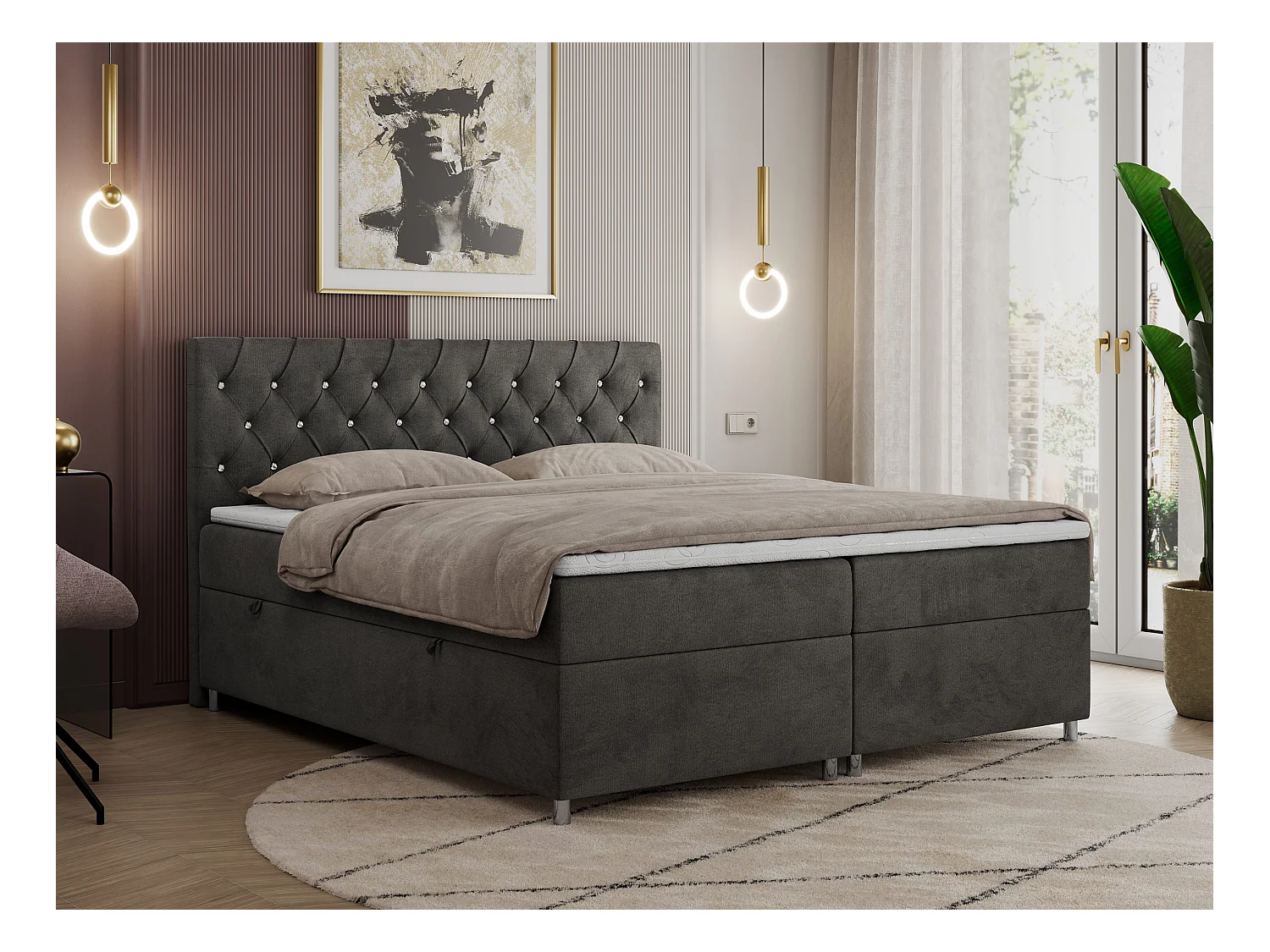 Boxspringbett ROMA mit gestepptem Kopfteil, Multipocket-Matratze, dekorative Füße - 140x200 cm - H3 - Dunkelgrau Velvet