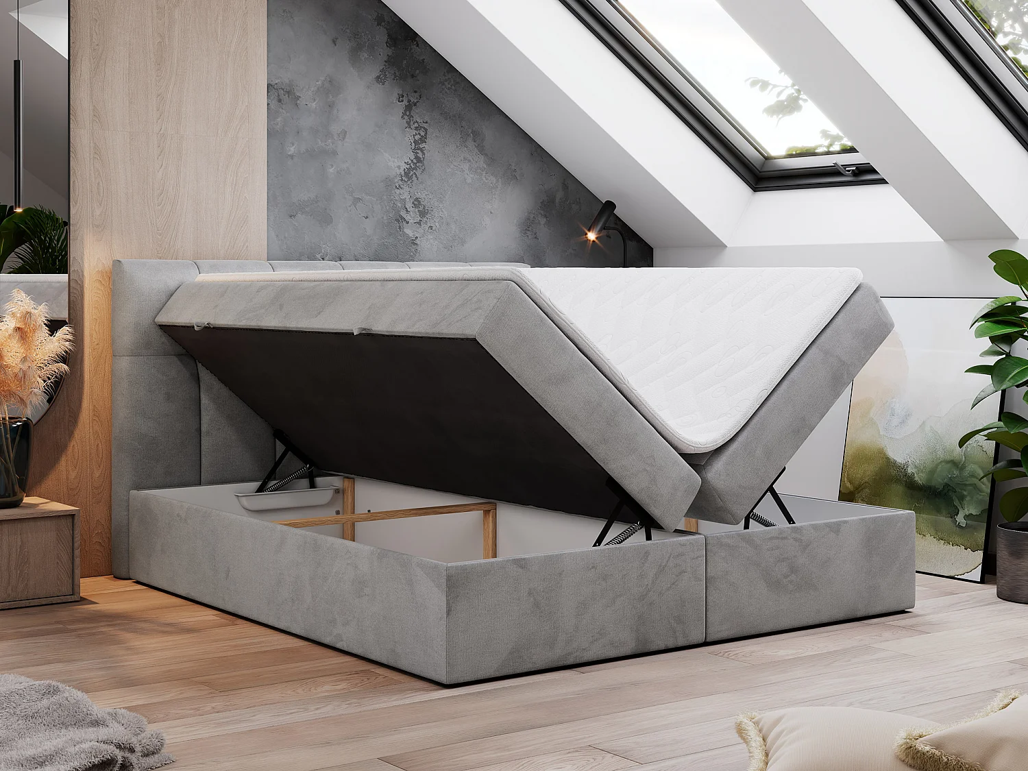 Boxspringbett RICO, Doppelbett mit Matratze, zwei Bettkästen, Bett mit Kopfteil - 180x200 cm - H4 - Hellgrau Velvet