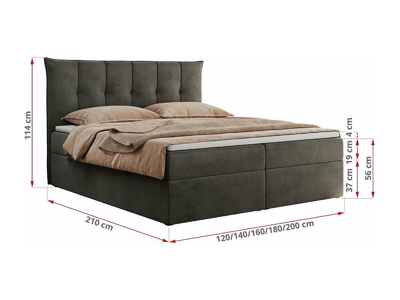 Boxspringbett PREMIUM 10 mit Multipocket-Matratze, gesteppte Kopfstütze, zwei Bettkästen - 120x200 cm - H4 - Dunkelgrau Velvet