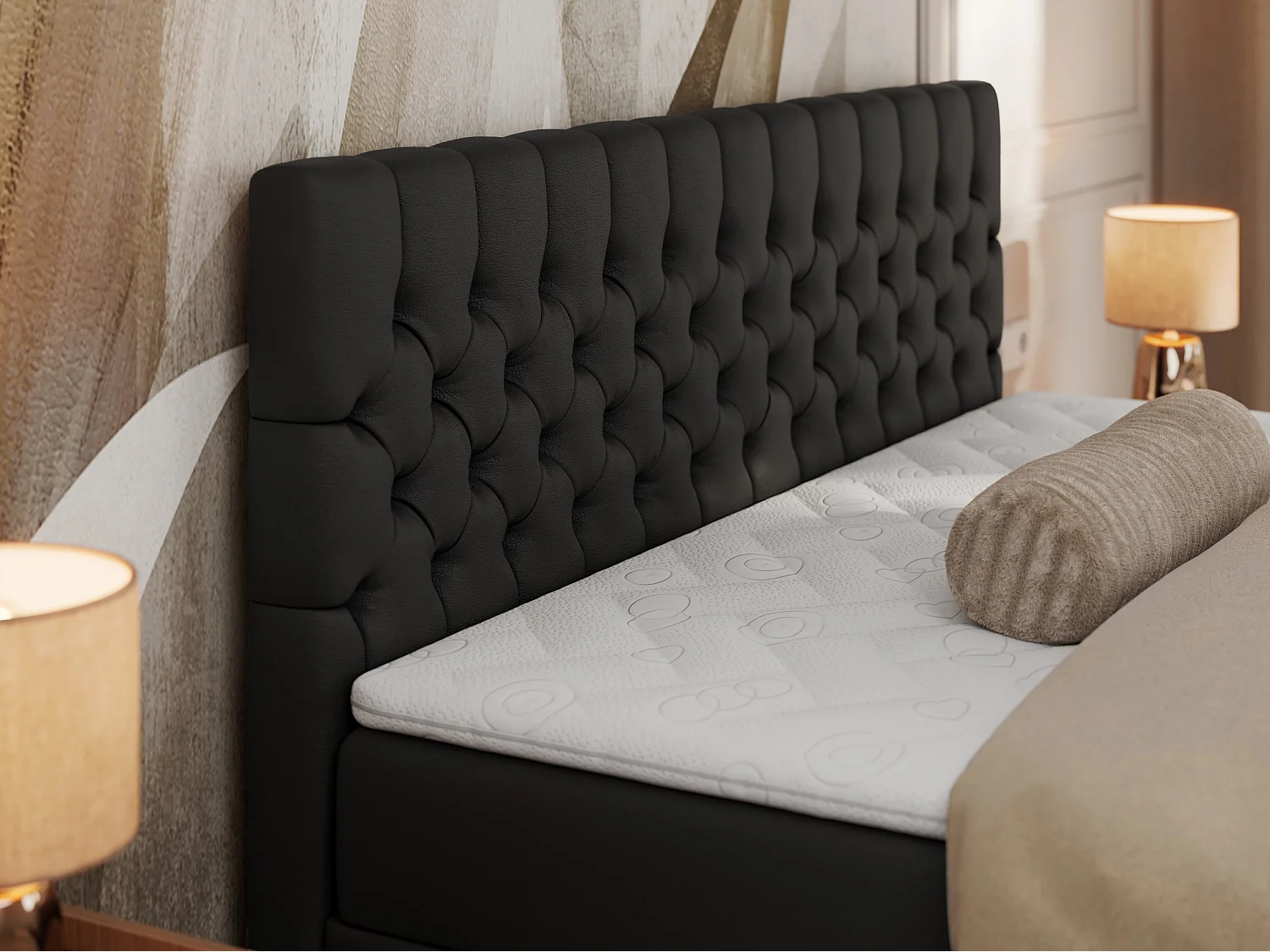 Boxspringbett GRIMALDI mit zwei Bettkästen, gesteppter Kopfstütze, Metallfüßen - 140x200 cm - H4 - Schwarz Kunstleder