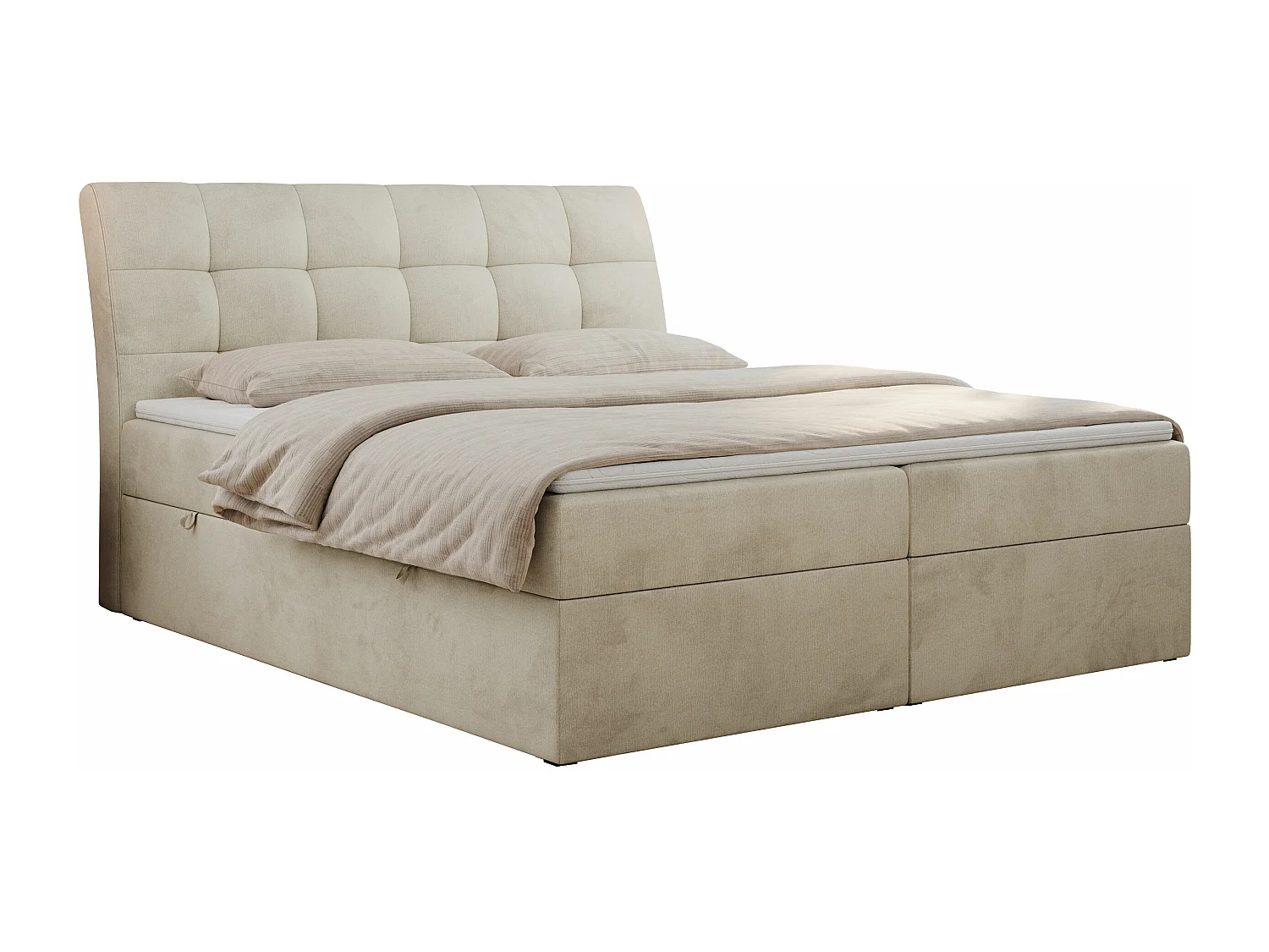 Boxspringbett DIEGOS mit Stauraum, gestepptem Kopfteil, Multipocket-Matratze - 140x200 cm - H4 - Beige Velvet