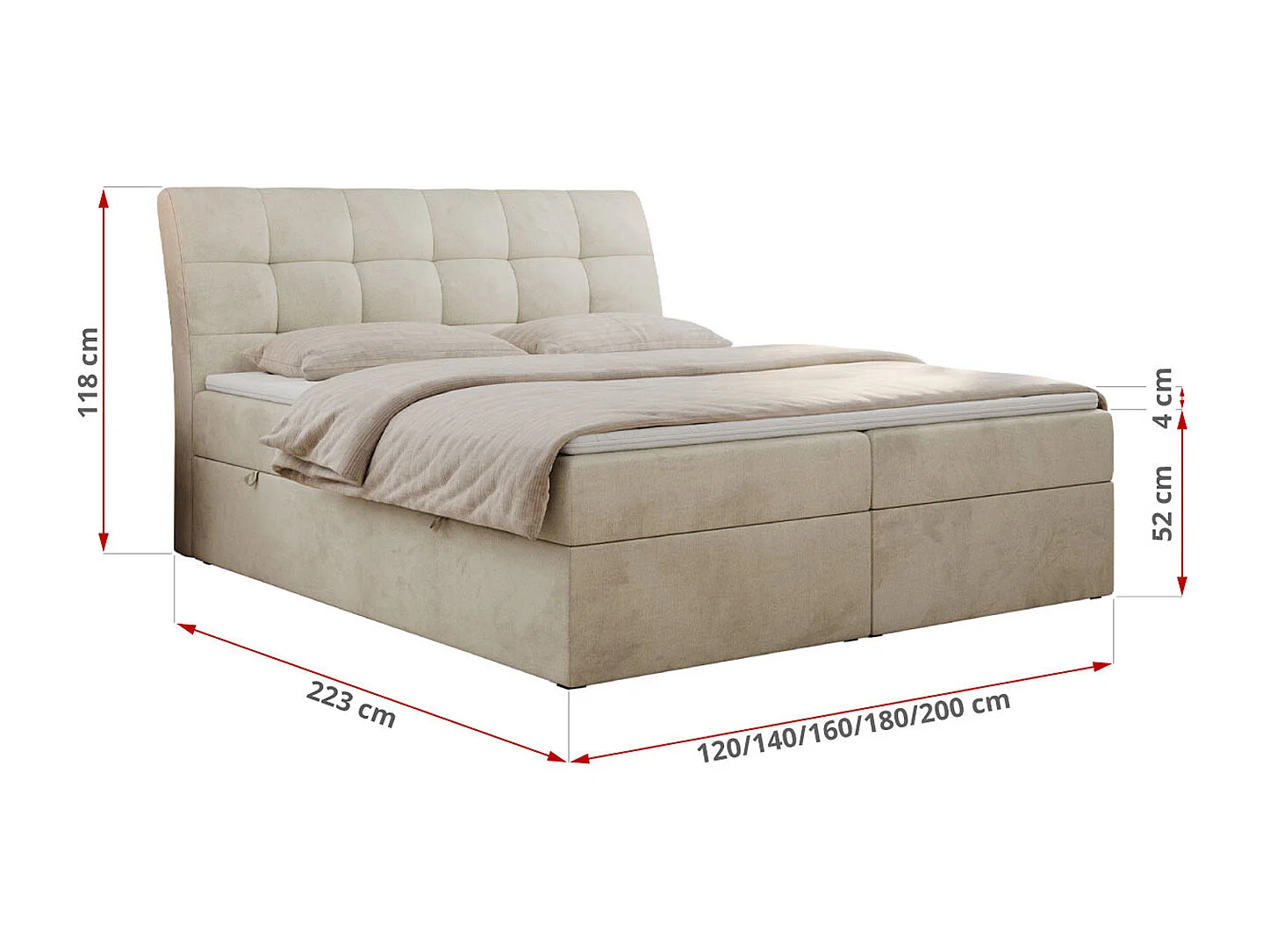 Boxspringbett DIEGOS mit Stauraum, gestepptem Kopfteil, Multipocket-Matratze - 140x200 cm - H4 - Beige Velvet