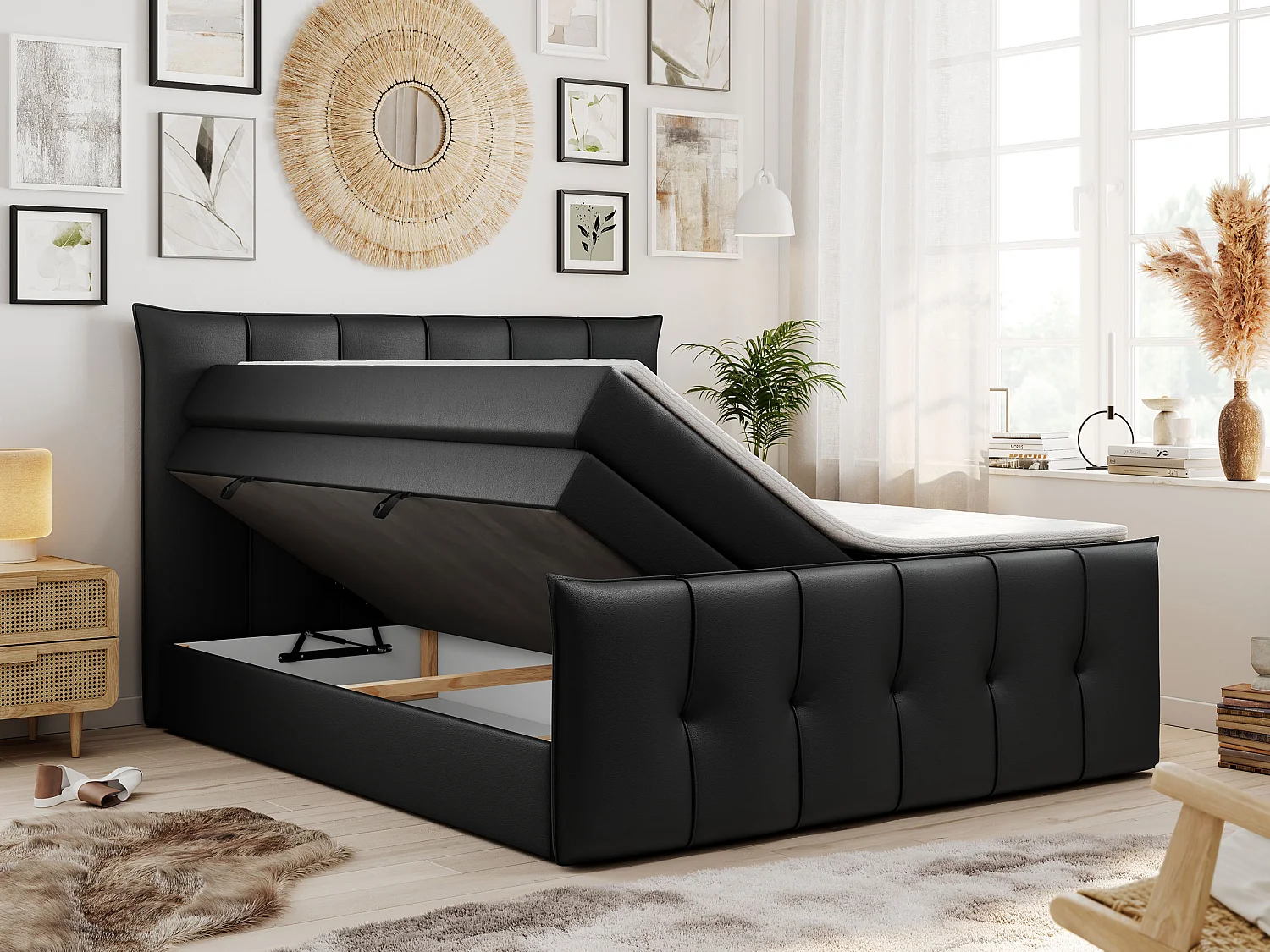 Boxspringbett PREMIUM 11 KING mit Stauraum, gestepptes Kopfteil, zwei Multipocket-Matratzen - 200x200 cm - H4 - Schwarz Kunstleder