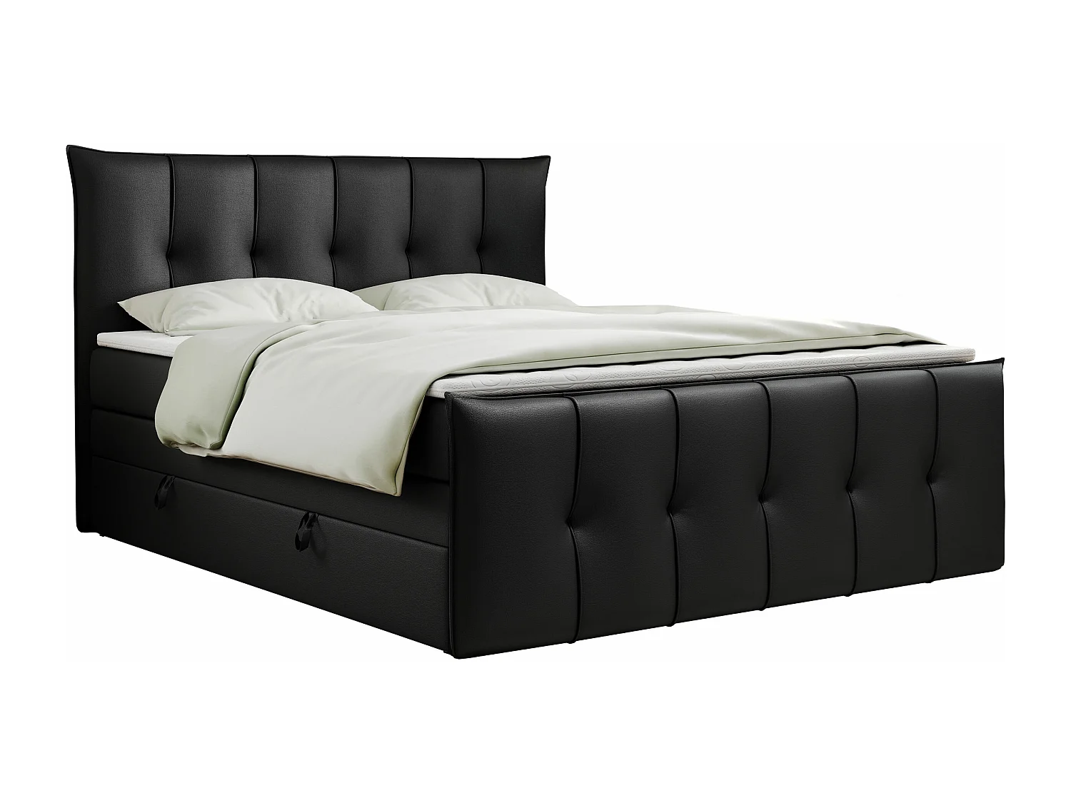 Boxspringbett PREMIUM 11 KING mit Stauraum, gestepptes Kopfteil, zwei Multipocket-Matratzen - 200x200 cm - H4 - Schwarz Kunstleder