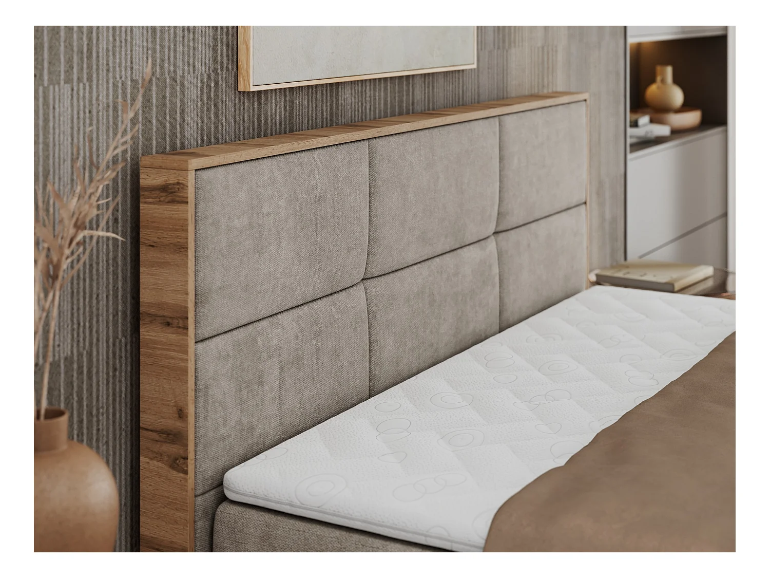 Boxspringbett ALBERO 2 mit Topper und Multipocket-Matratze, Stauraum, Holzrahmen - 160x200 cm - H4 - Beige Strukture