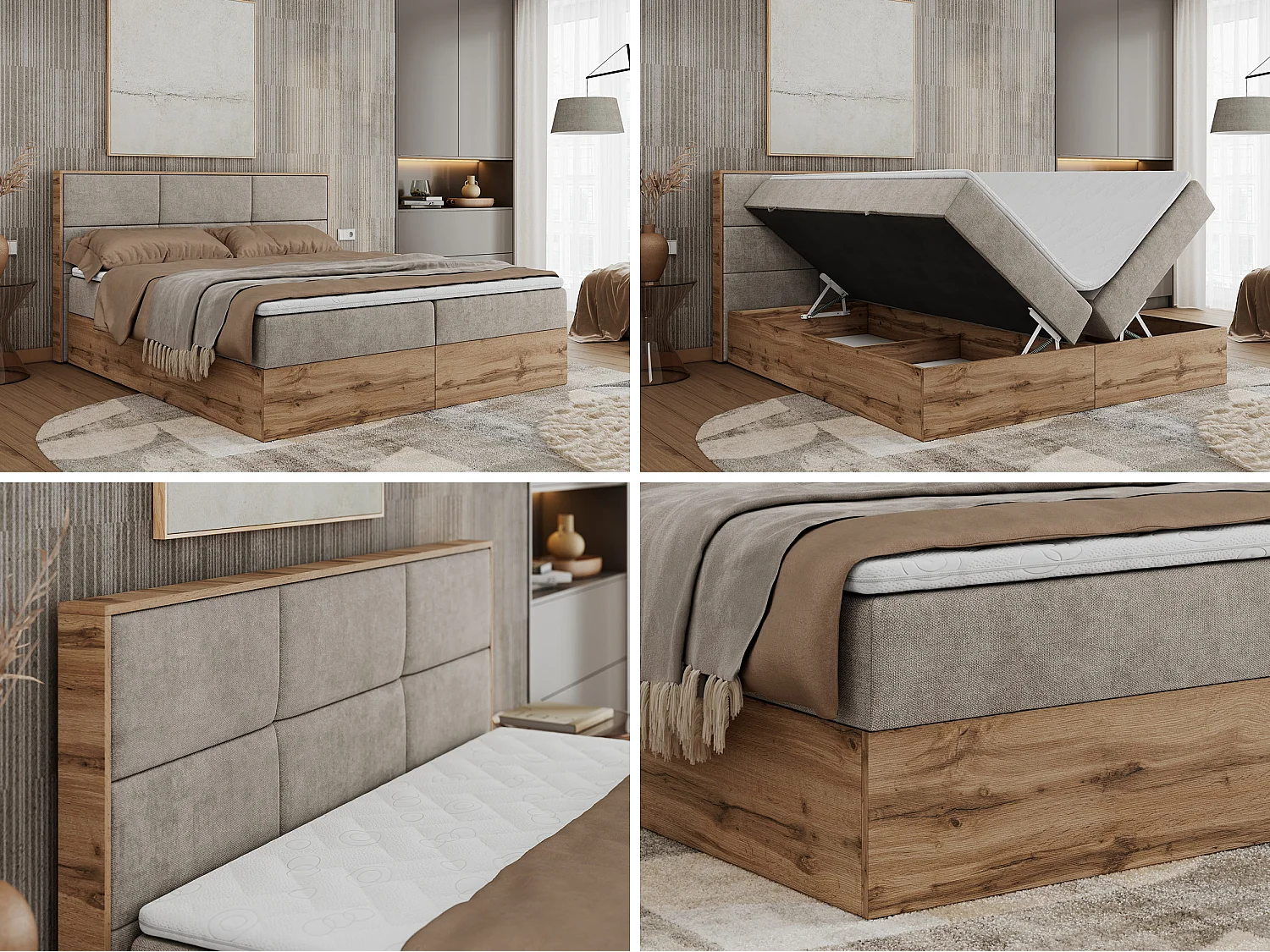 Boxspringbett ALBERO 2 mit Topper und Multipocket-Matratze, Stauraum, Holzrahmen - 160x200 cm - H4 - Beige Strukture